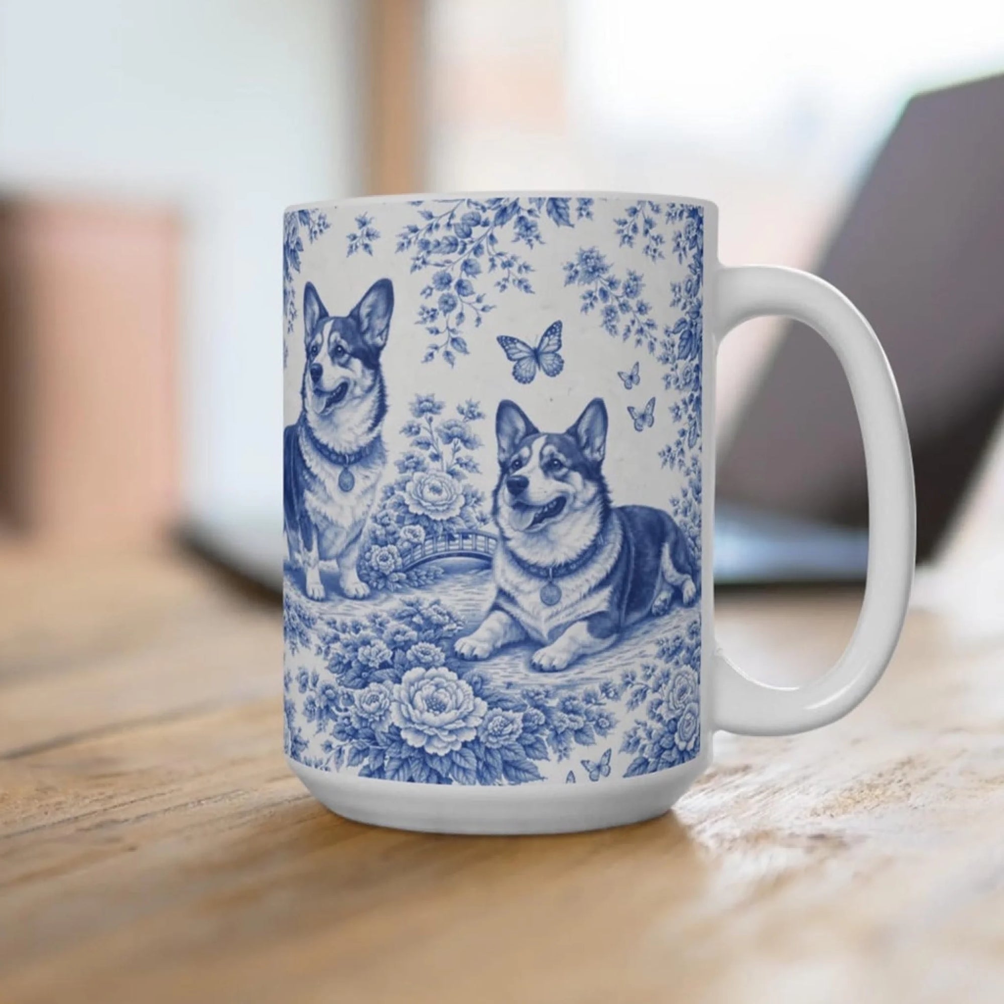 Corgi Mug in French Blue Toile de Jouy Style - Furry Joy Store