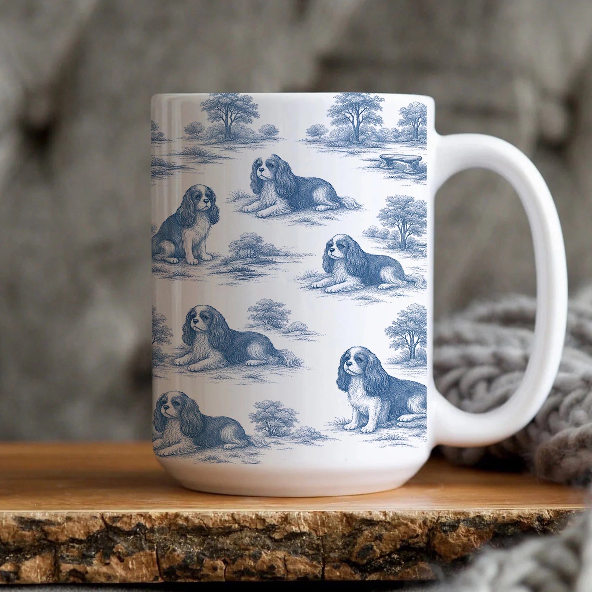 Cavalier King Charles Spaniel Mug, Blue Toile de Jouy