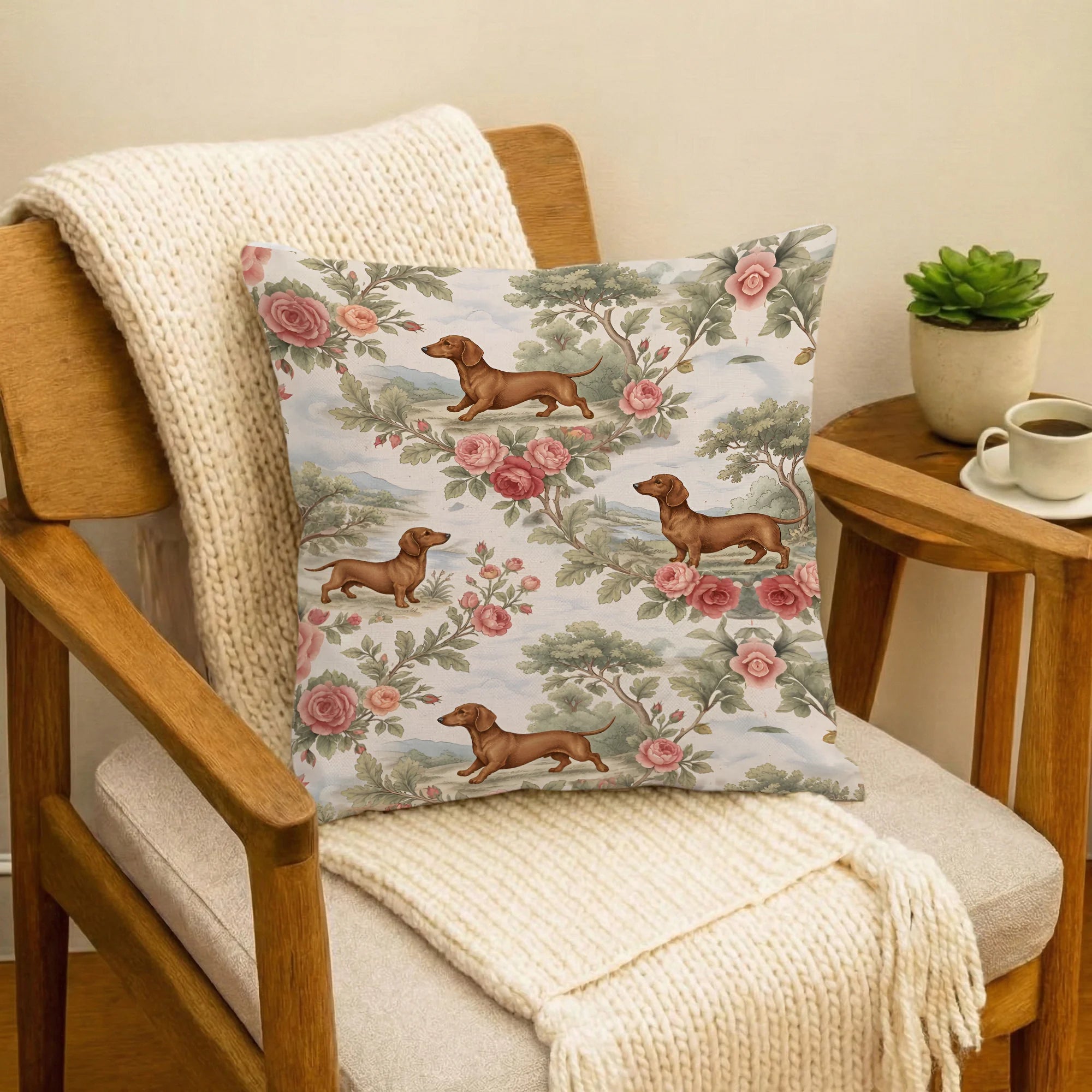 Dachshund Toile de Jouy Pillow Cover, Sausage Dog Lover Gift