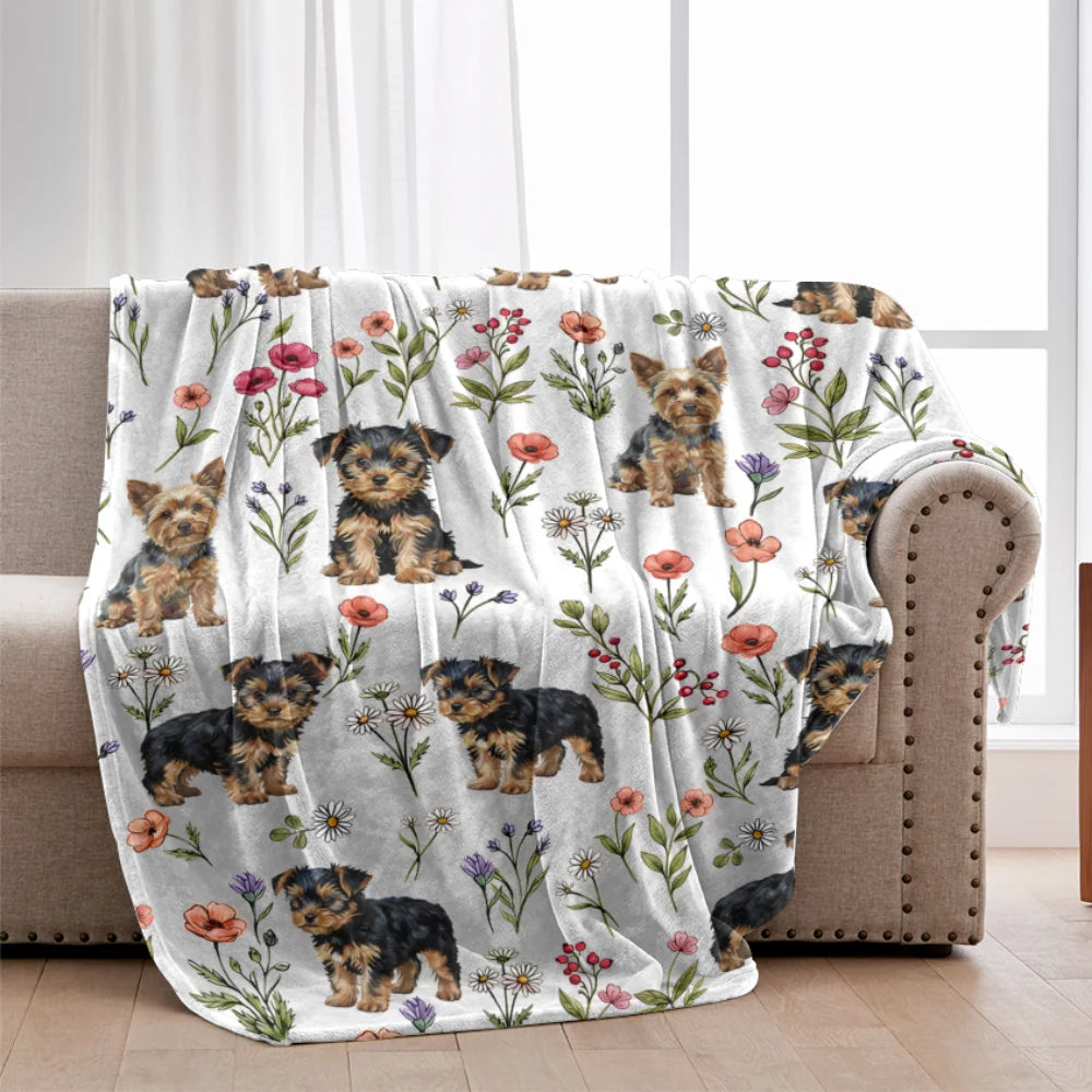 Yorkshire Terrier Floral Accent Blanket, Cute Yorkshire Terrier Dog