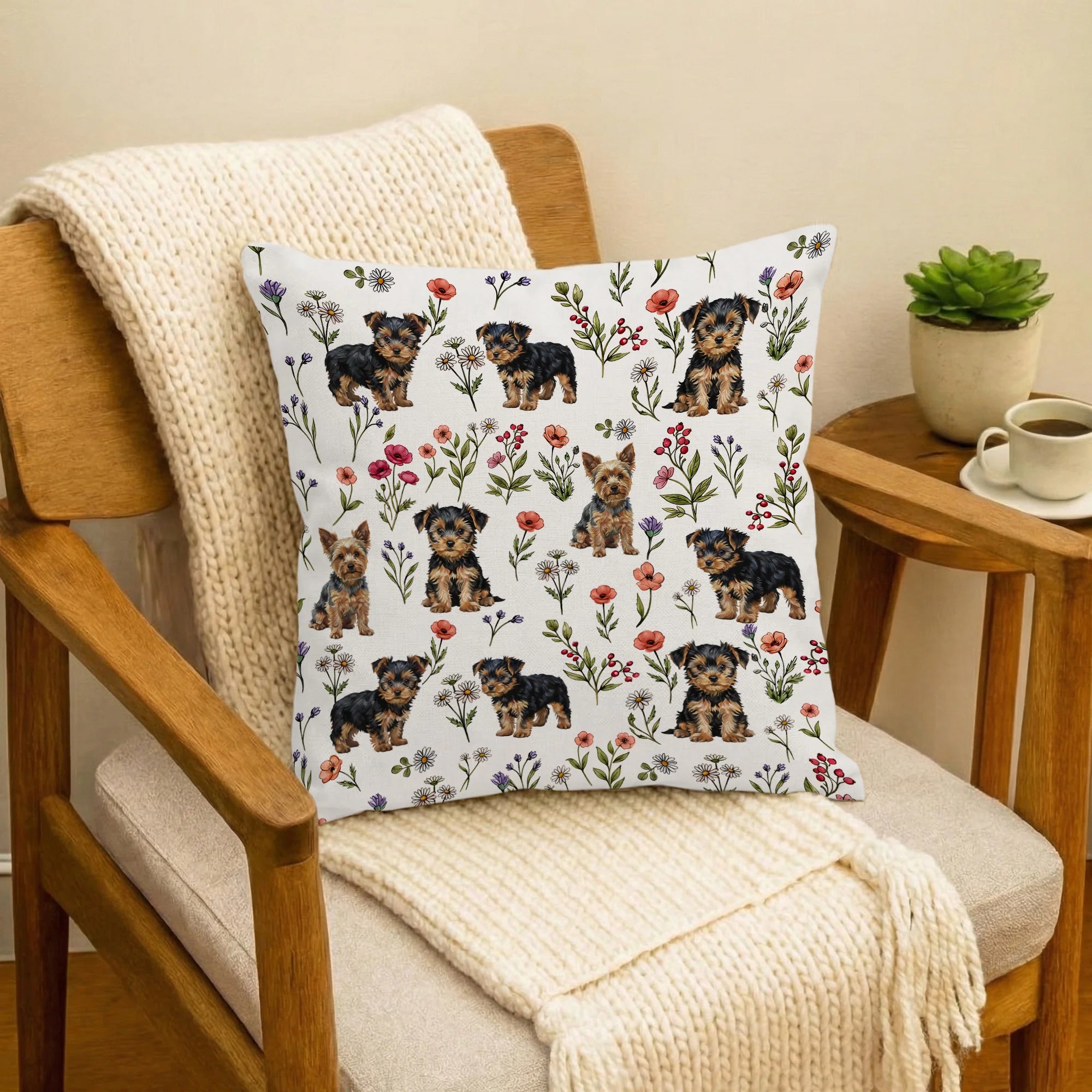 Yorkshire Terrier Floral Accent Pillow Cover, Cute Yorkshire Terrier Dog