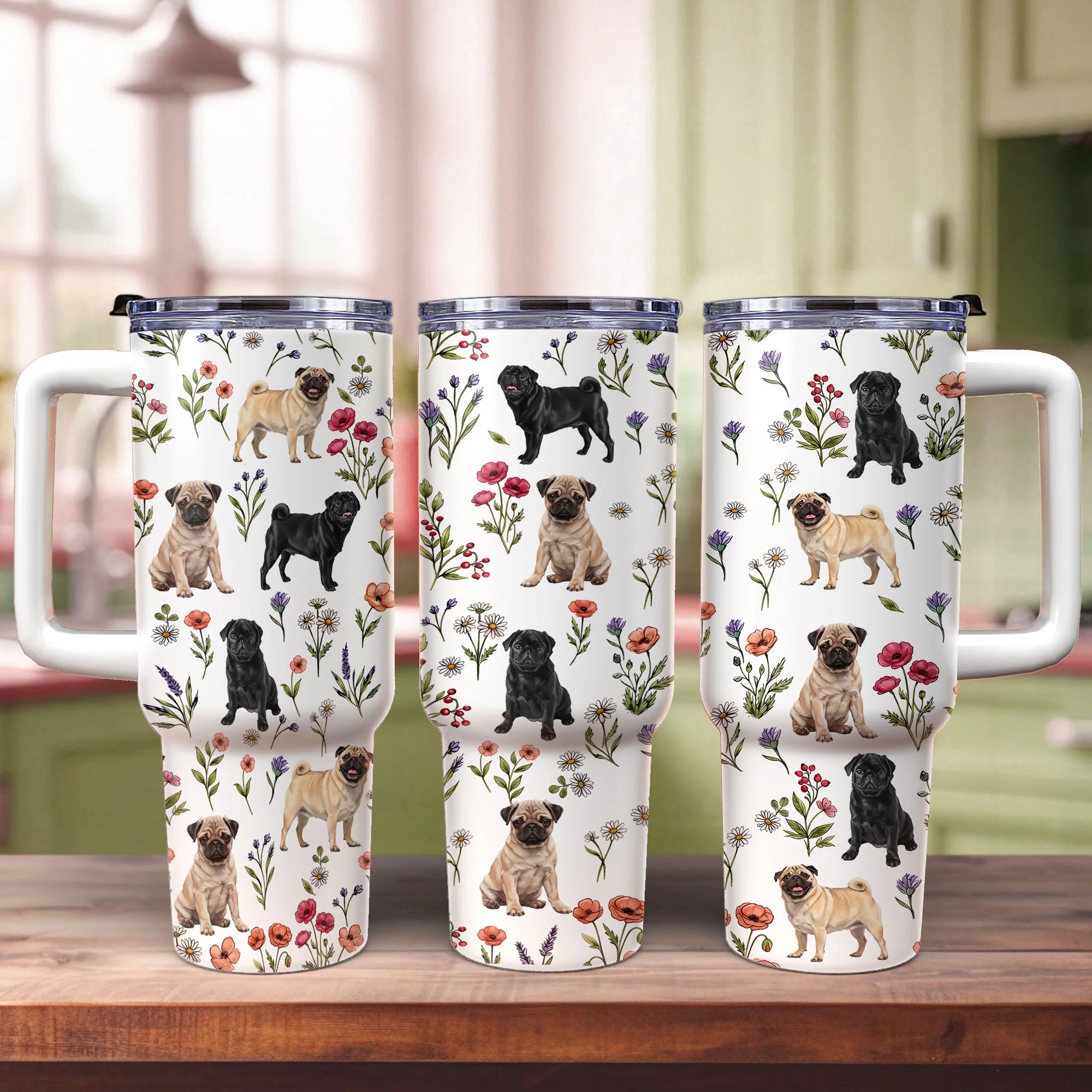 Cute Pug Floral 40OZ Tumbler, Pug Dog Lover Travel Mug
