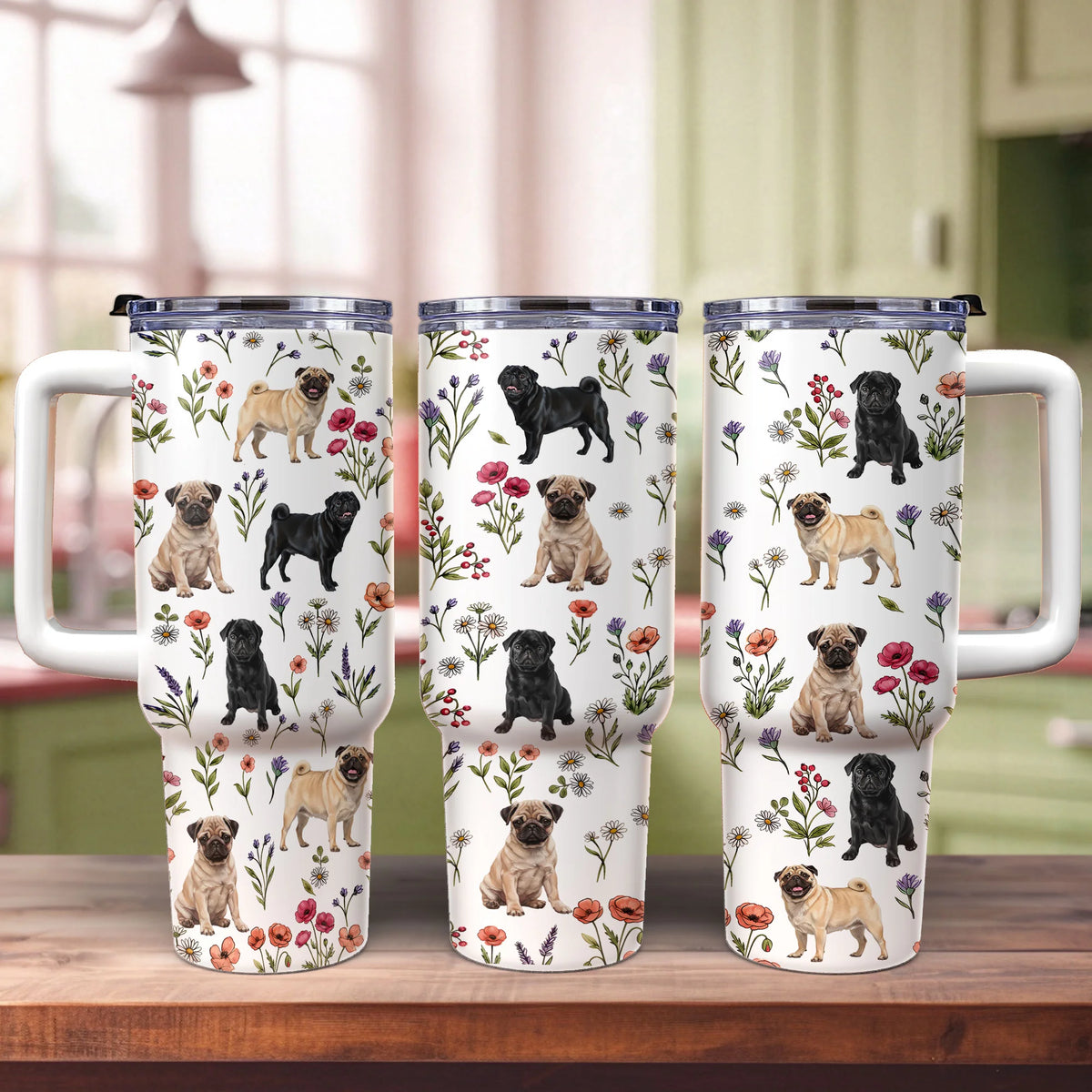 Cute Pug Floral 40OZ Tumbler, Pug Dog Lover Travel Mug