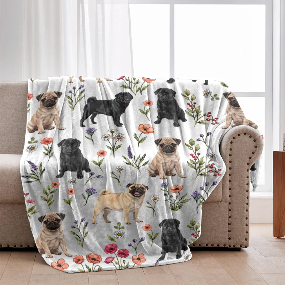 Cute Pug Floral Blanket, Pug Dog Lover Throw Blanket