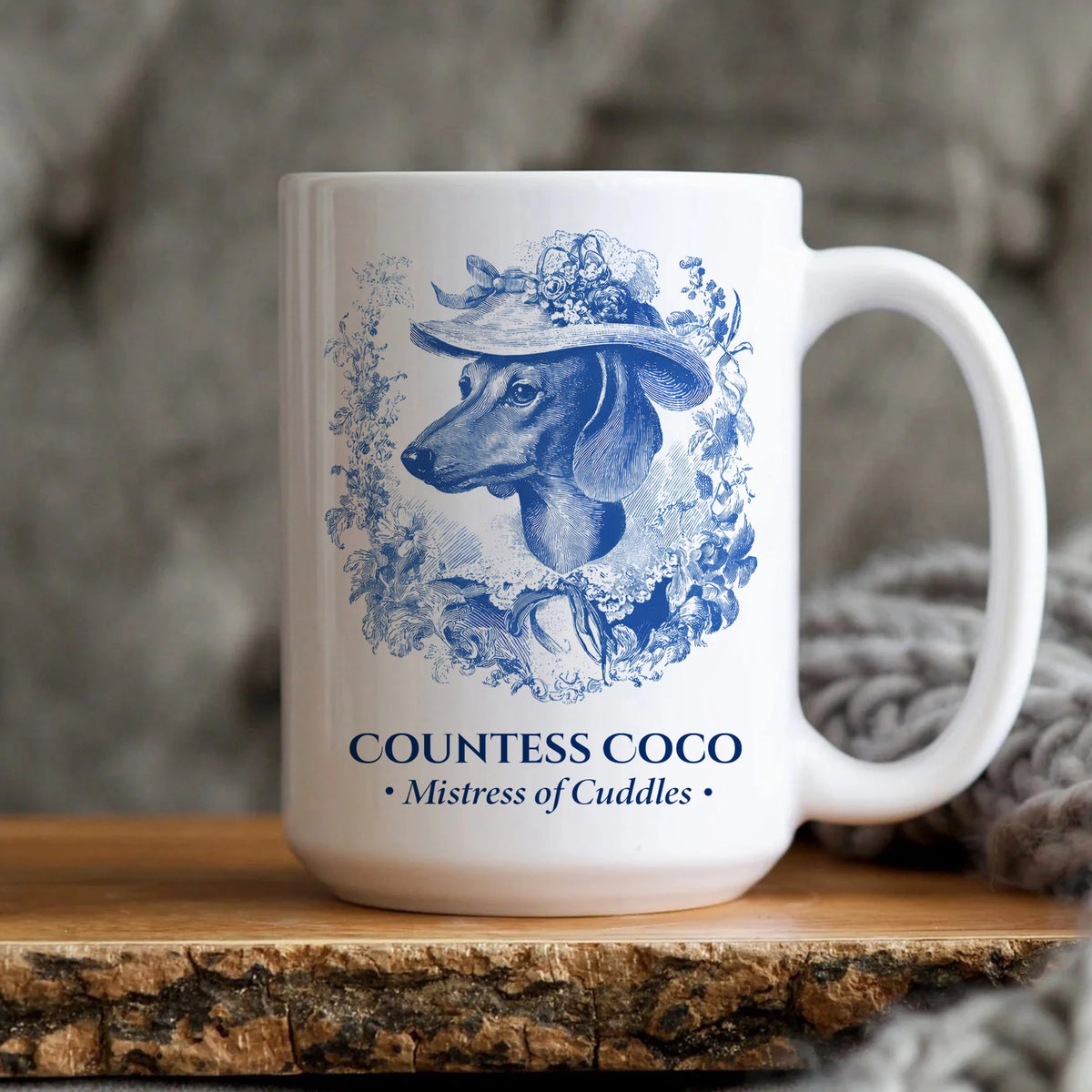 Vintage Dachshund Mug Blue Toile Custom Dog Mom Gift