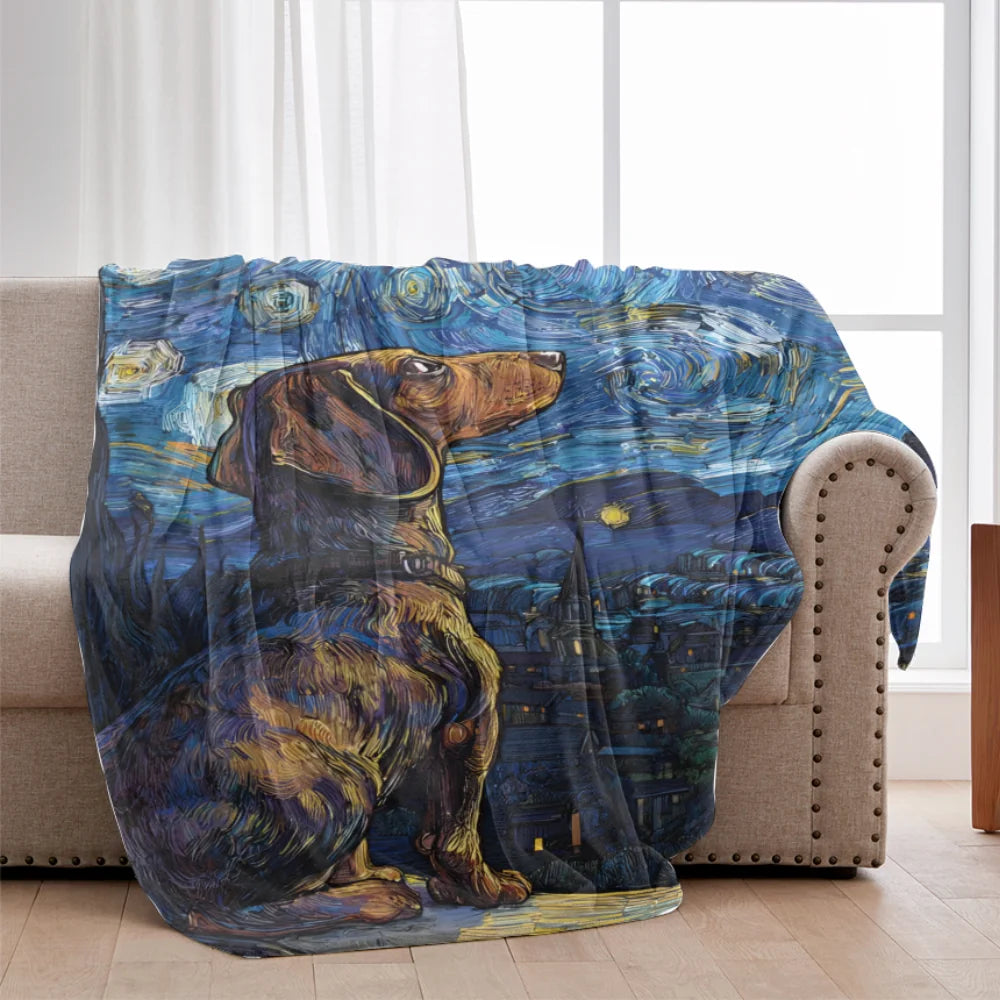 Dachshund on a Starry Night Blanket, Cozy Sherpa & Velveteen Blanket