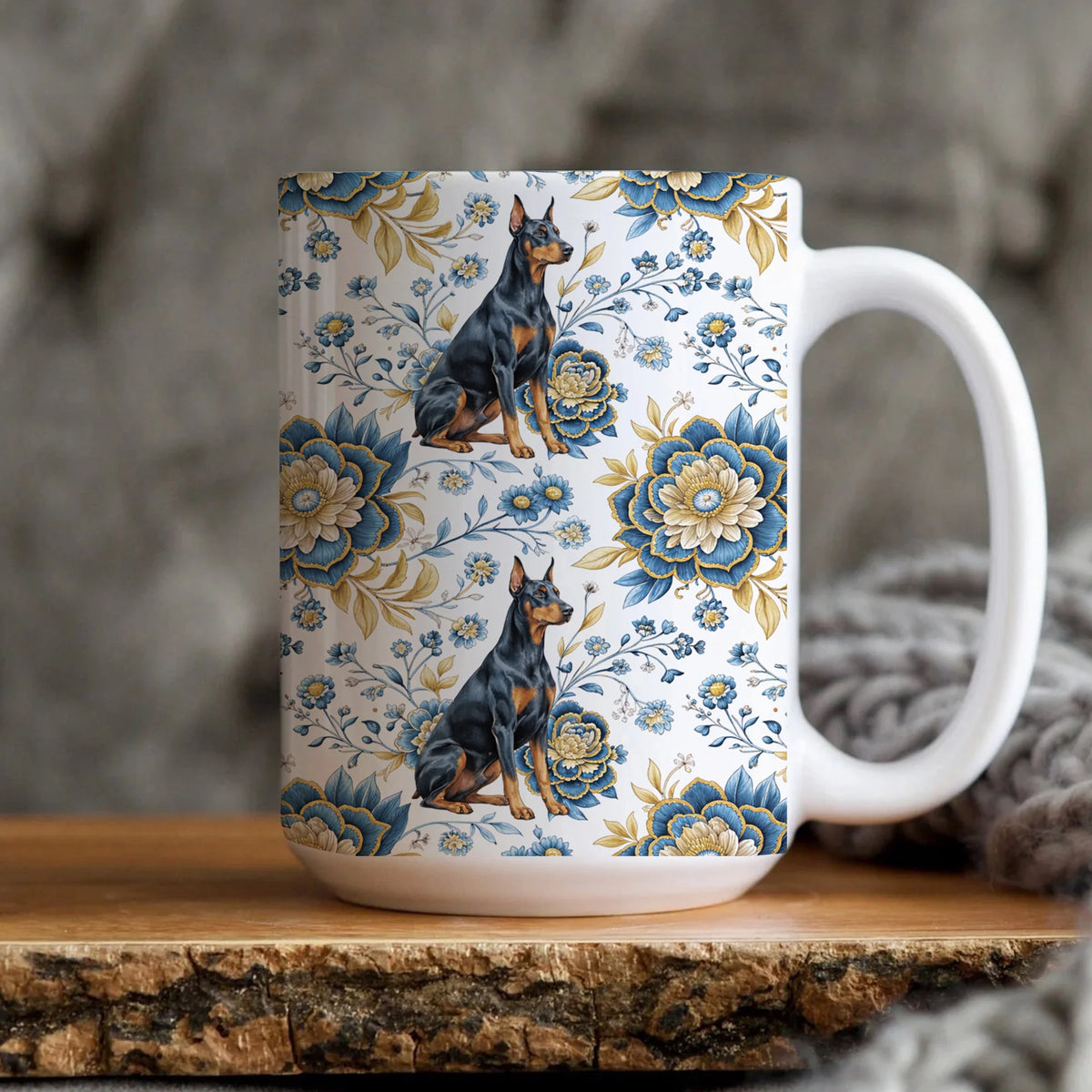 Doberman Mug, Blue Floral Dog Coffee Cup, Doberman Lover Gift