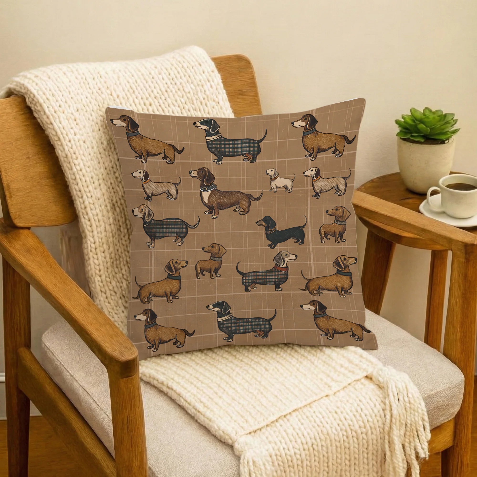Plaid Dachshund Pillow Cover Brown Tartan Doxie Dog Mom Gift