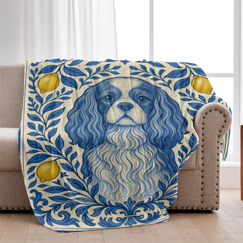 Cavalier King Charles Spaniel Blanket, Blue White Mediterranean Tiles