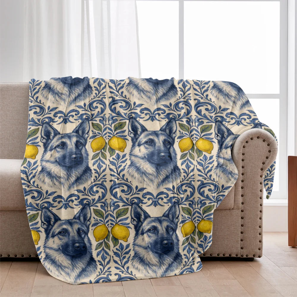 German Shepherd Blanket – Blue White Lemon Portuguese Tile Style