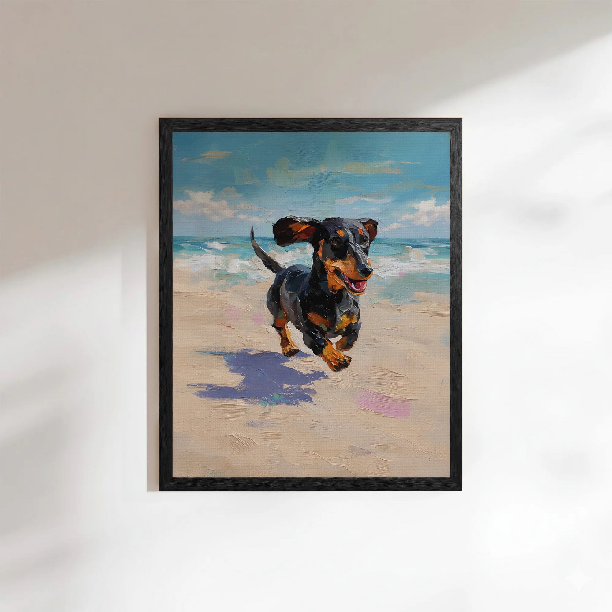Dachshund Beach Art Print Black Tan Dog Impasto