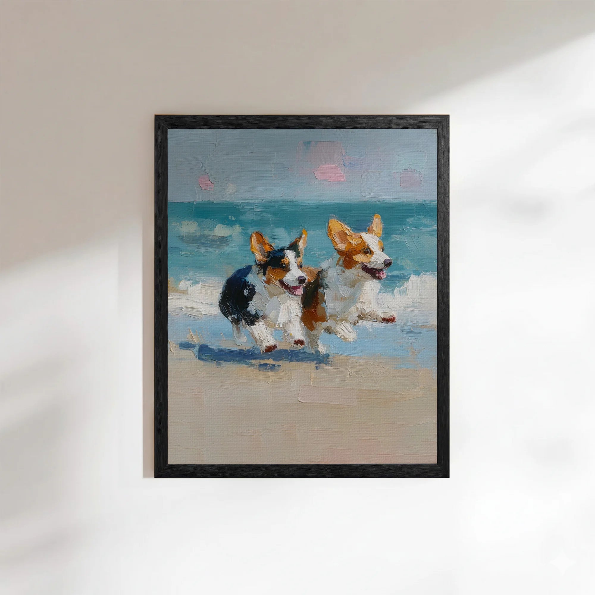 Corgi Beach Art Running Dogs Print Impasto