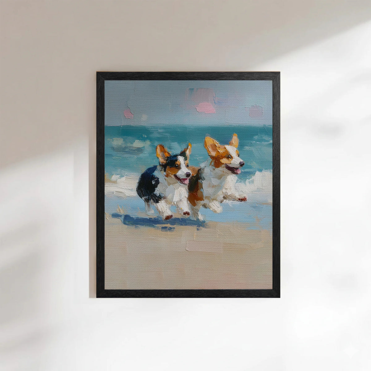 Corgi Beach Art Running Dogs Print Impasto