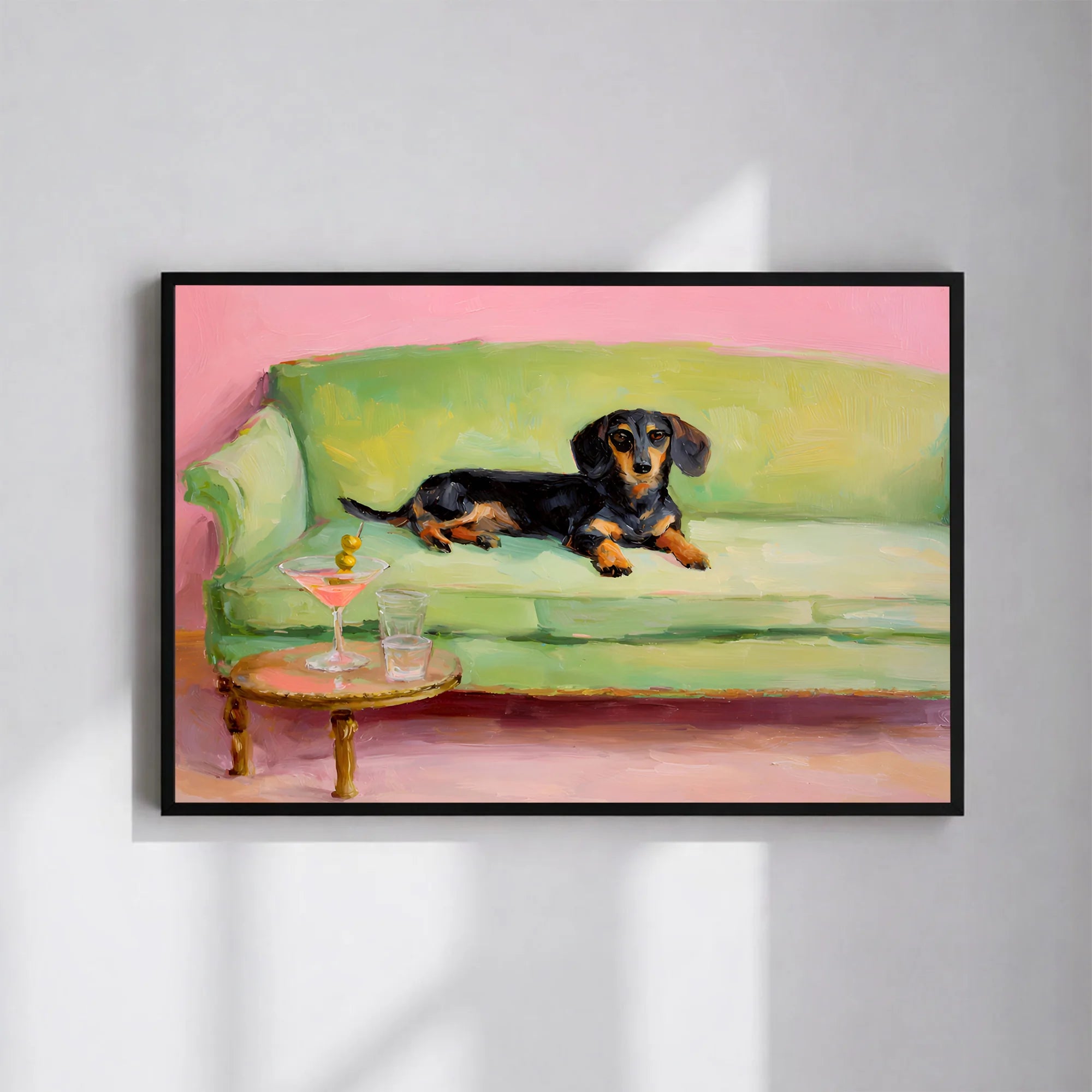 Dachshund Couch Print Framed Funny Martini Dog Bar Cart Art