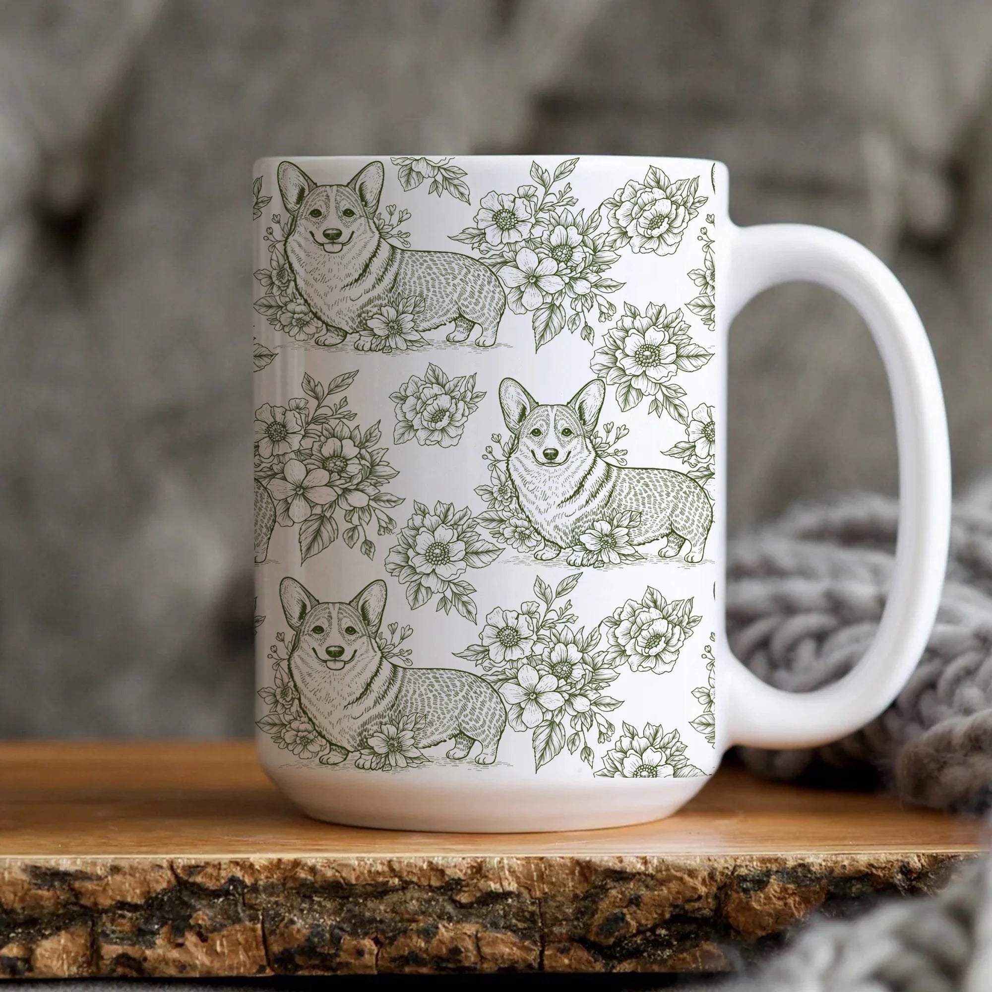 Corgi Green Toile Mug Welsh Pembroke Dog Lover Gift