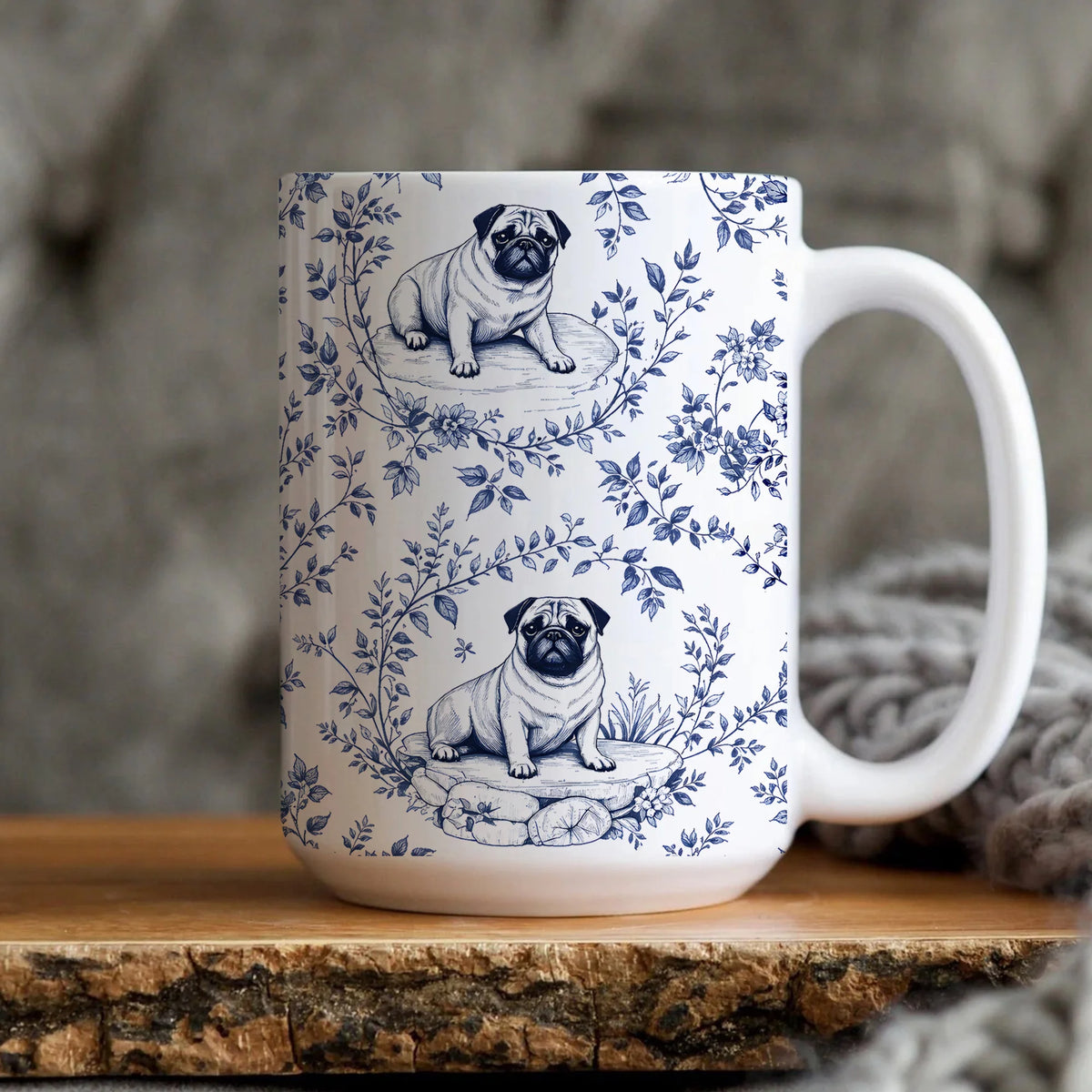 Pug Blue Toile de Jouy Mug Chinoiserie Dog Gift