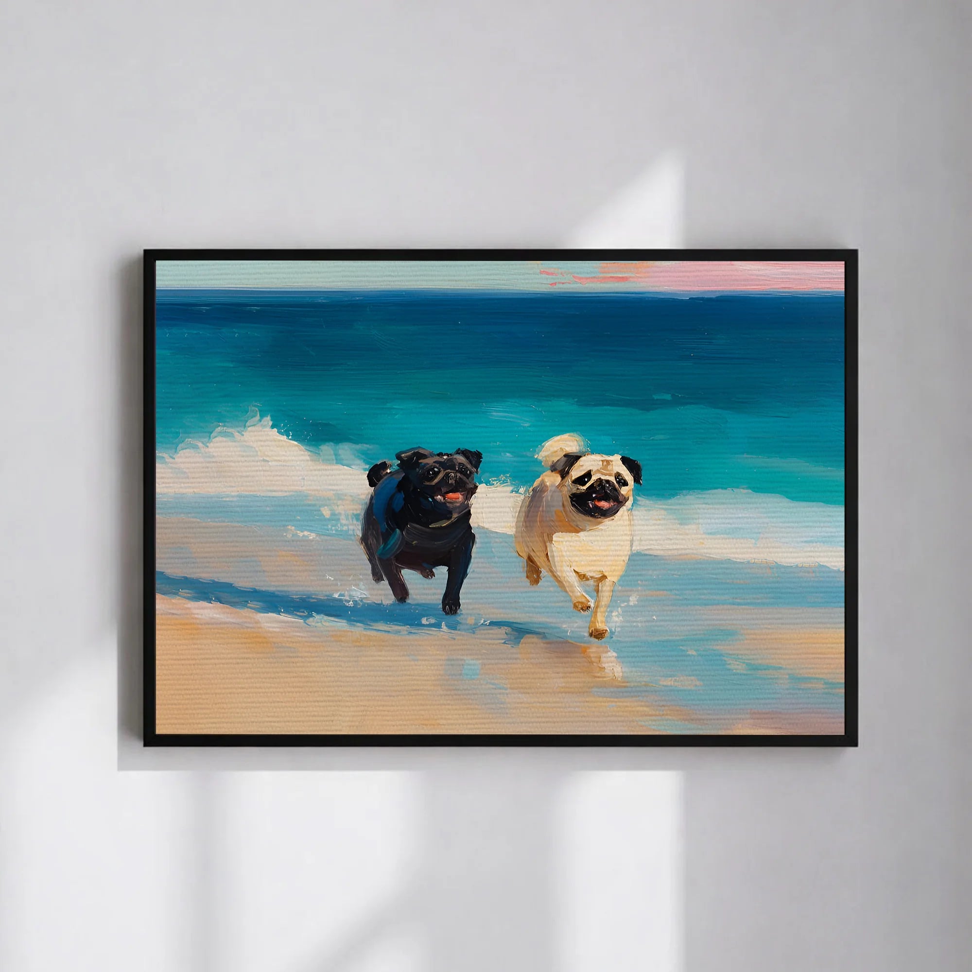 Couple Pugs Art Beach Print, Romantic Pug Wall Decor
