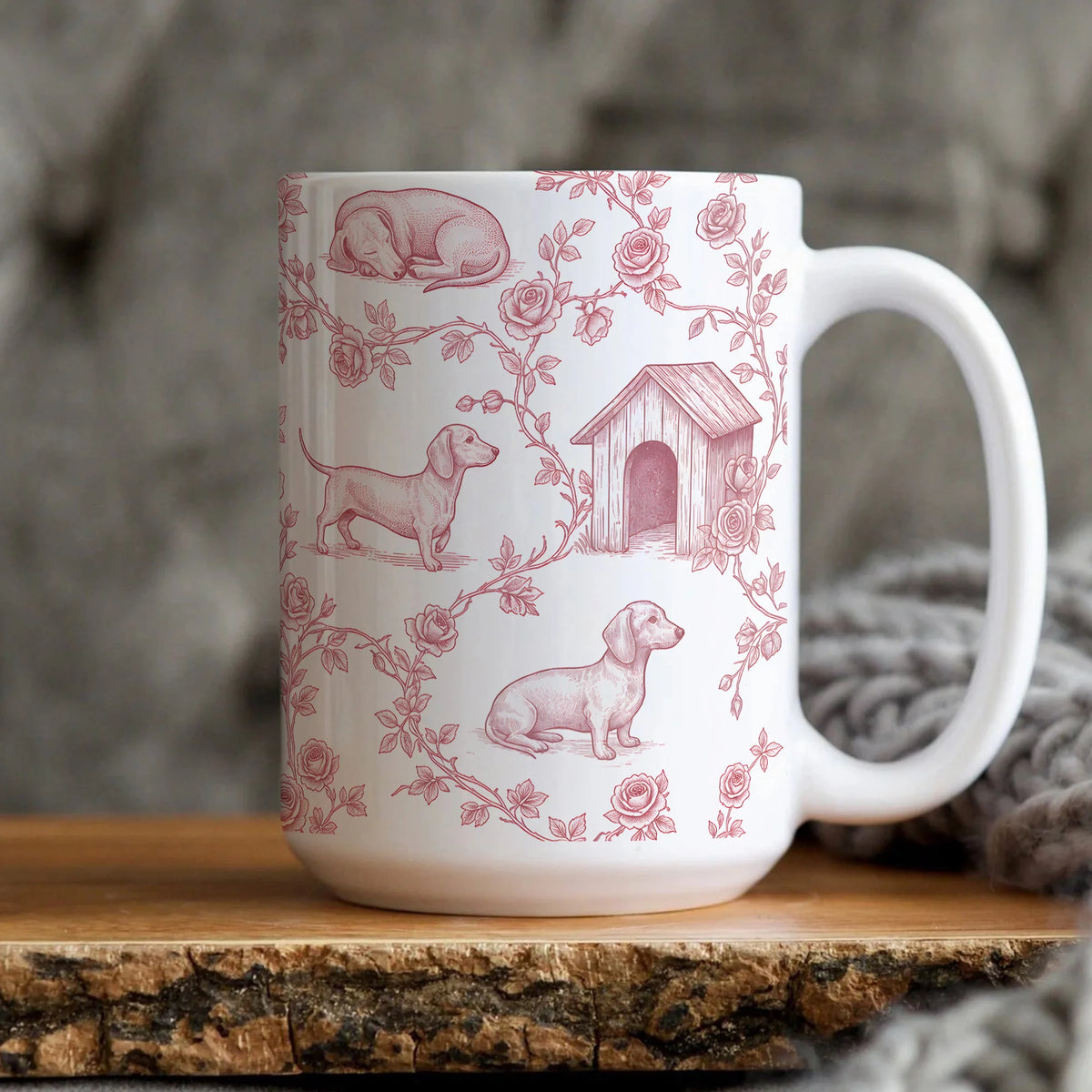 Dachshund Toile Pattern Ceramic Coffee Mug with Roses Accent Gift