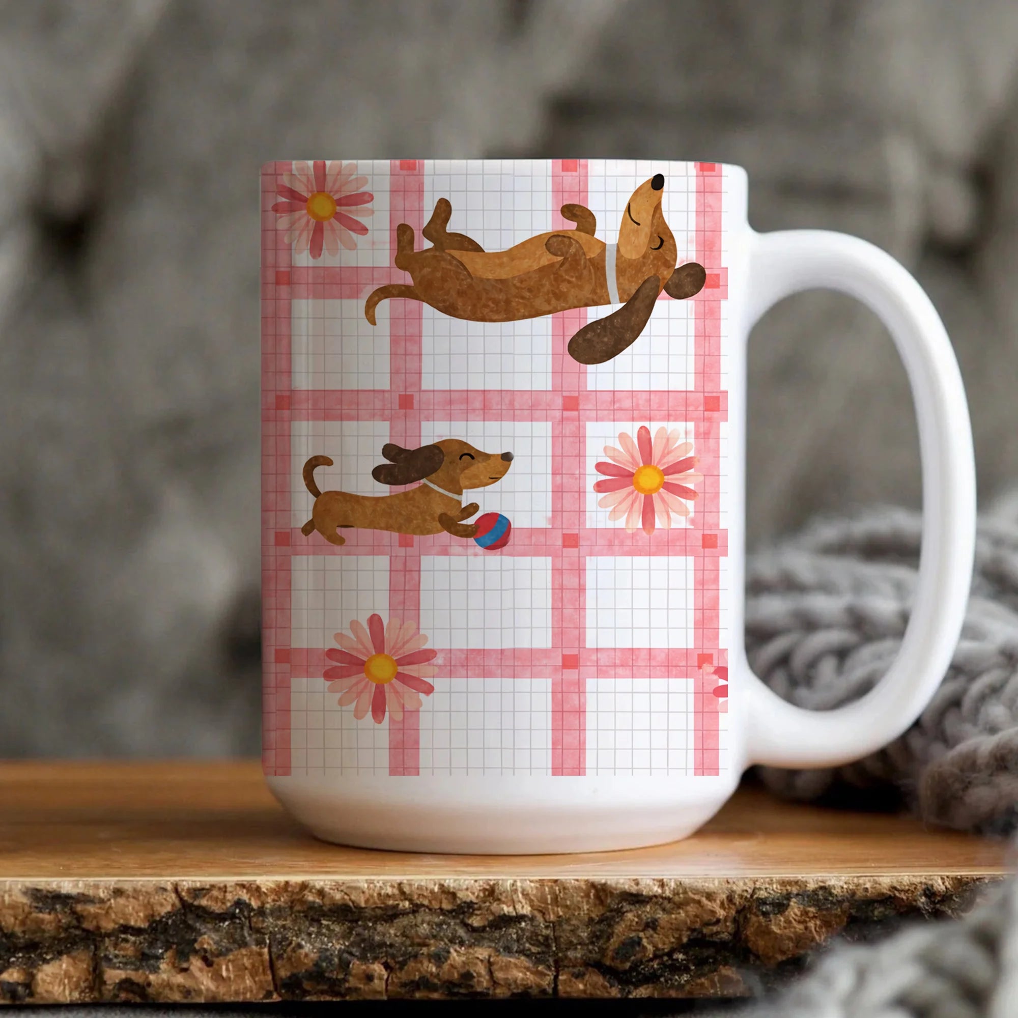 Dachshund Coffee Mug Cute Floral Checkered Pink Ceramic Gift