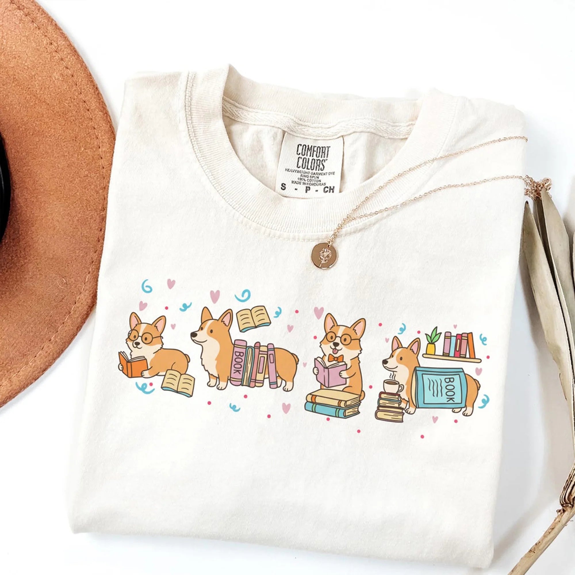Pastel Reading Corgis T-Shirt, Teacher Dog Book Lover Tee