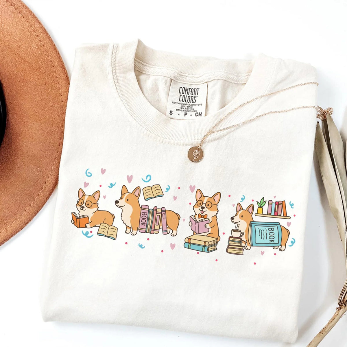 Pastel Reading Corgis T-Shirt, Teacher Dog Book Lover Tee
