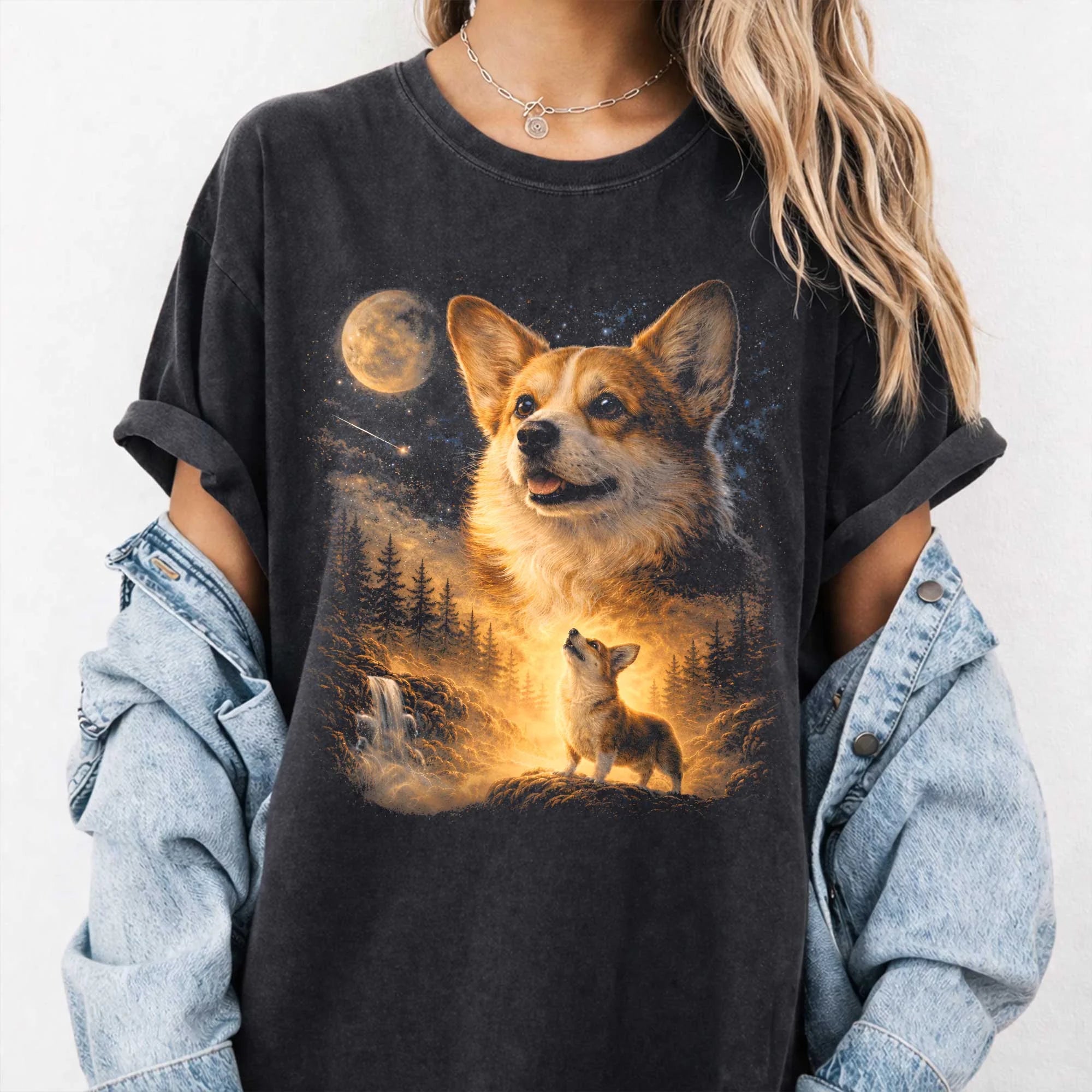 Corgi Moon t-Shirt Vintage Retro Dog Lover Funny Tee