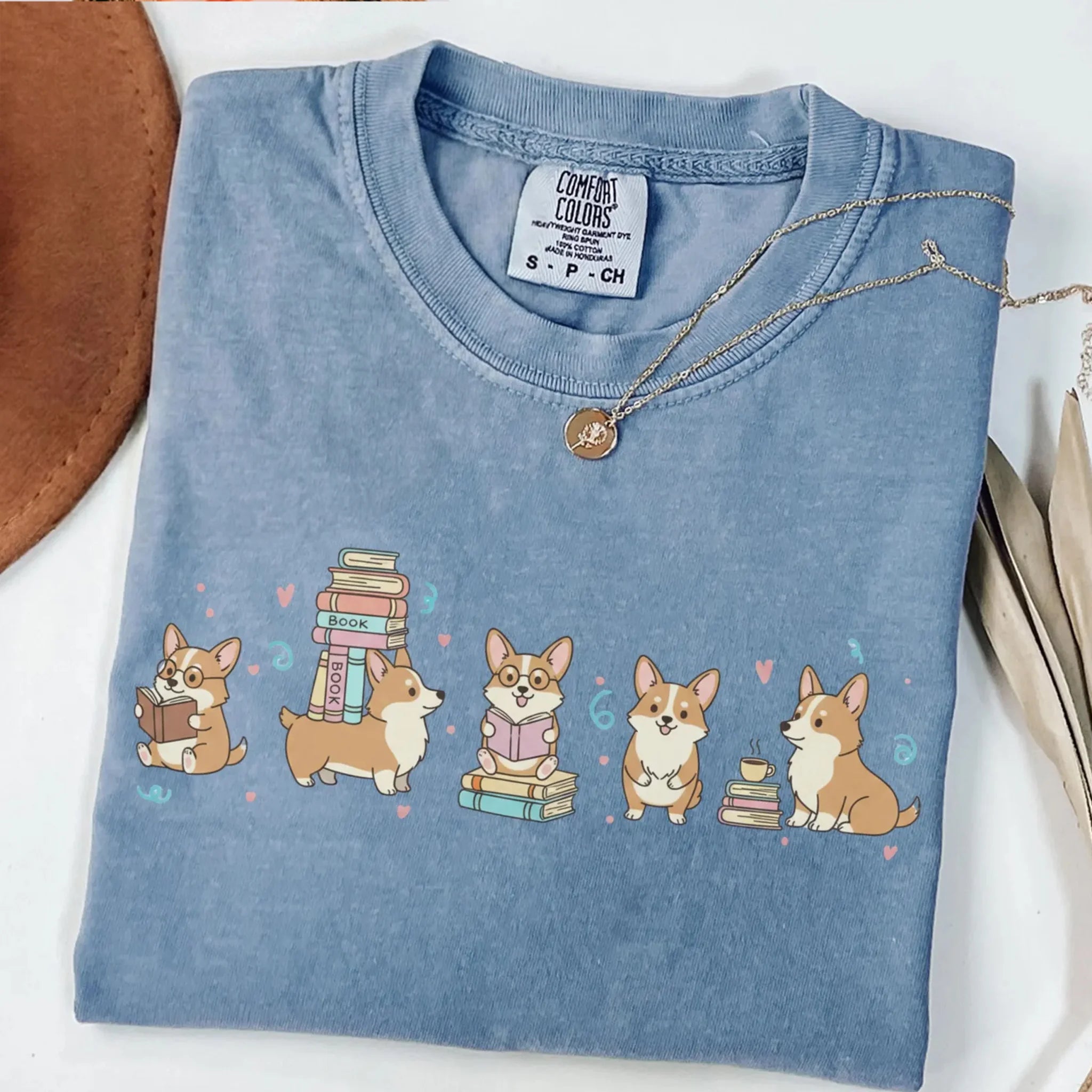 Comfort Colors Corgi Book Lover Shirt Blue Jean Wash T-Shirt