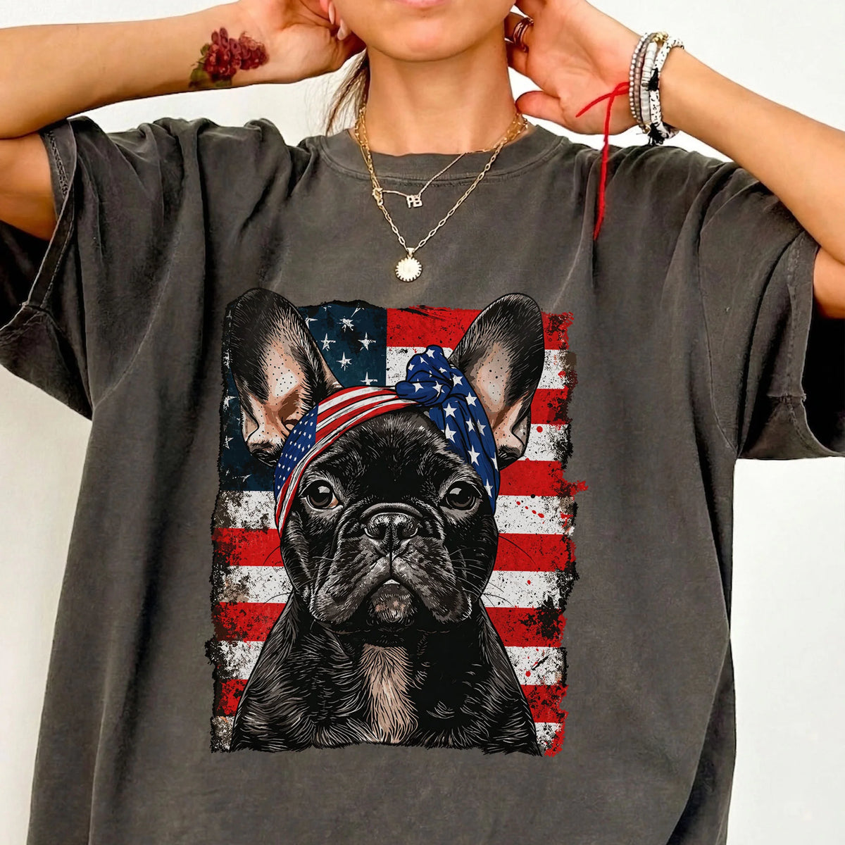 French Bulldog American Flag T-Shirt Frenchie Mom Gift Tee