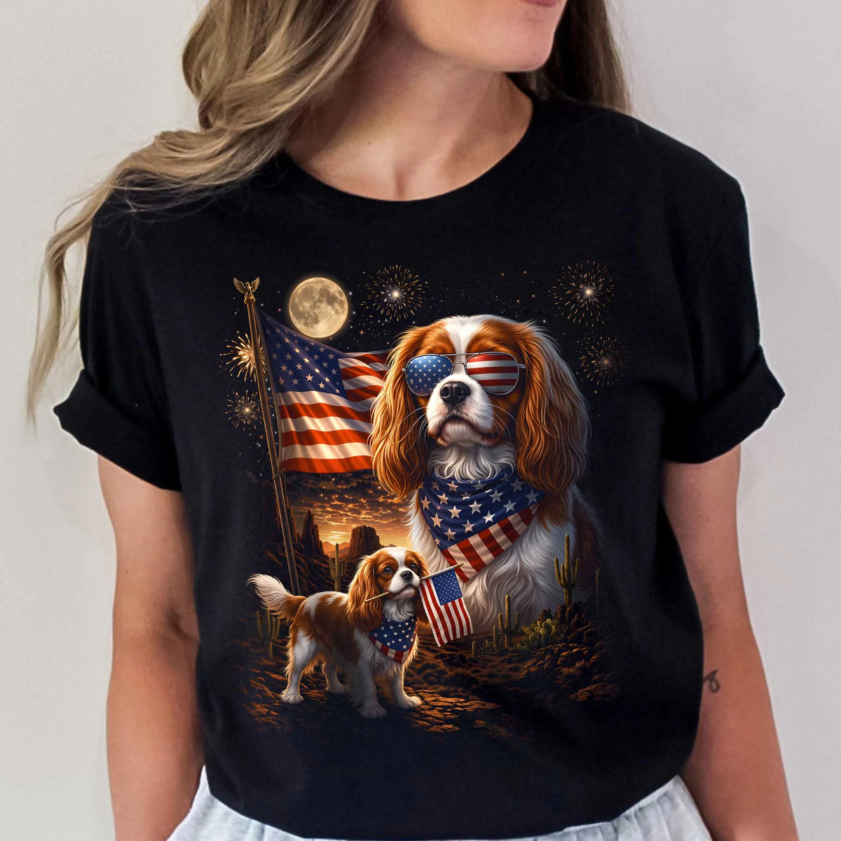Cavalier King Charles Spaniel Patriotic Dog Shirt American Flag Tee