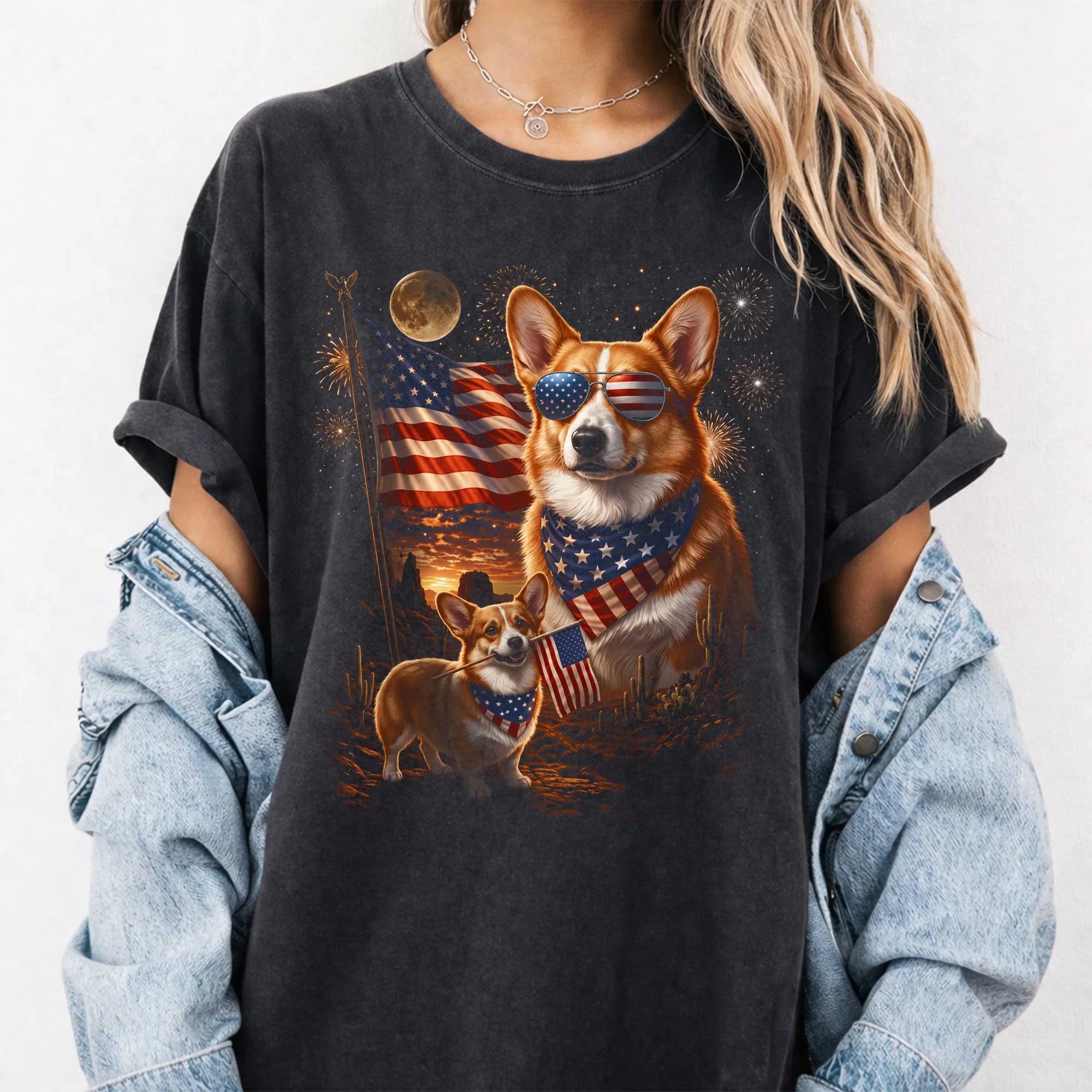 Comfort Colors Corgi Patriotic USA Flag Dog T-Shirt Mom Gift