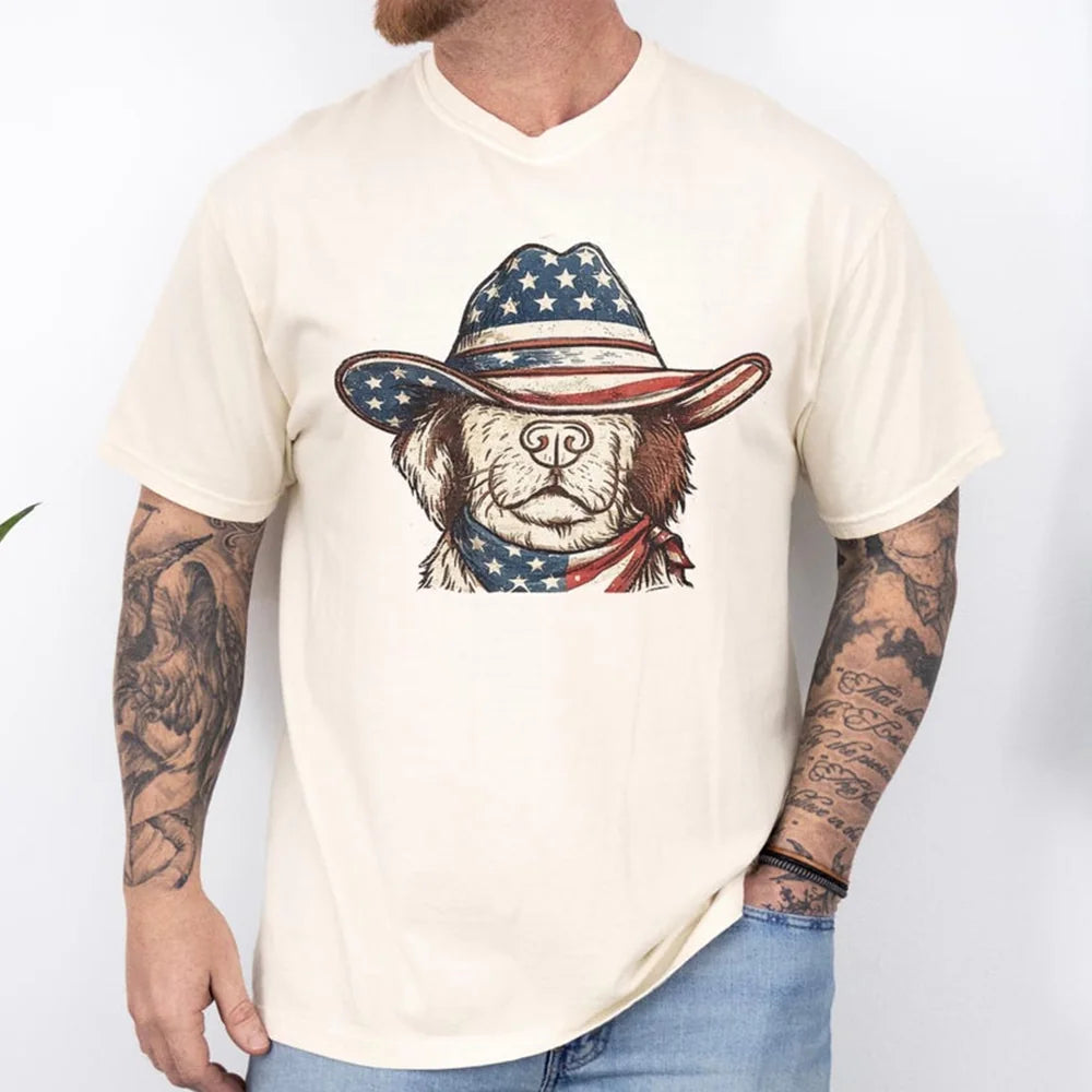 American Cowboy Dog Patriotic USA Flag Fourth July Vintage T-Shirt