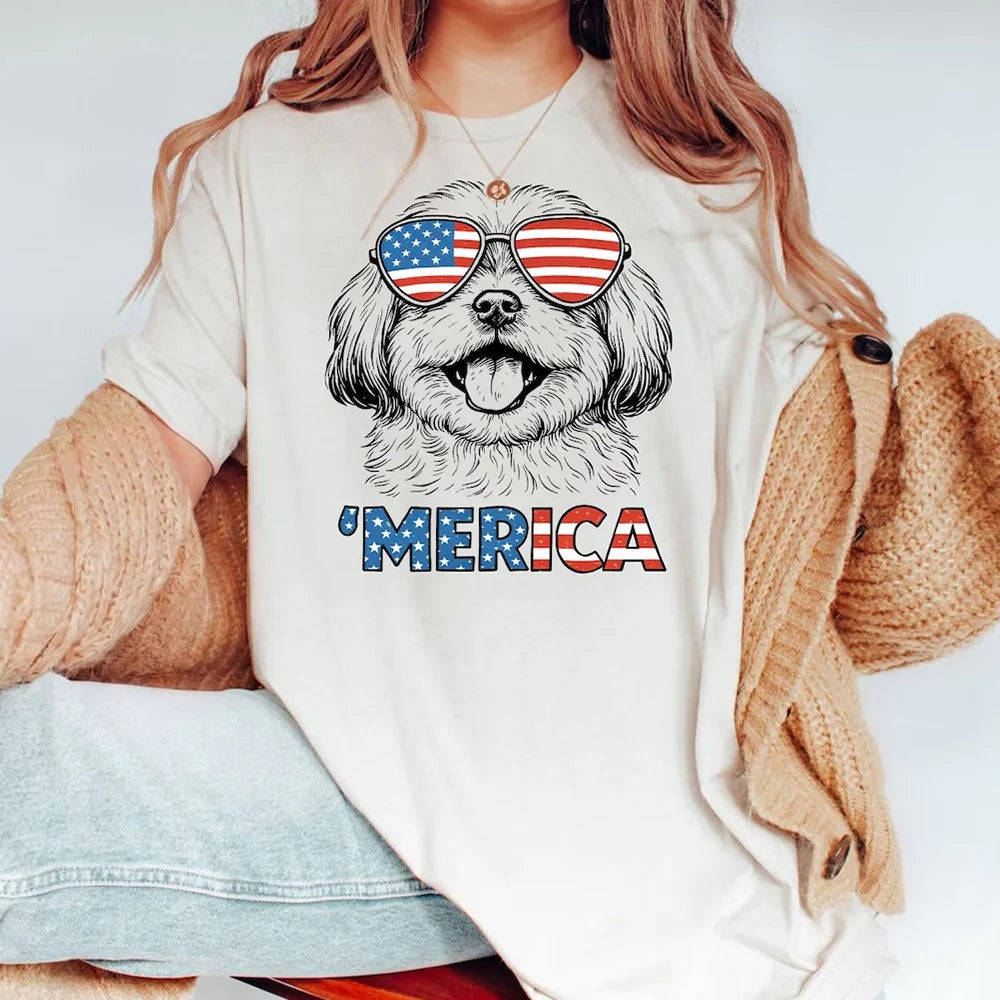 Shih Tzu Merica Patriotic Dog Lover T-Shirt Fourth July Gift Mom