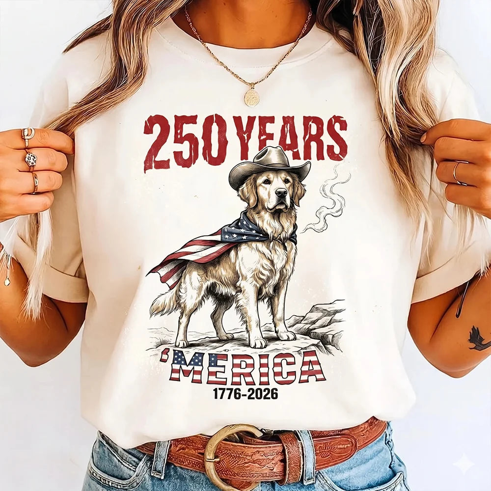 Comfort Colors 250 Years USA Golden Retriever Cowboy Flag T-Shirt