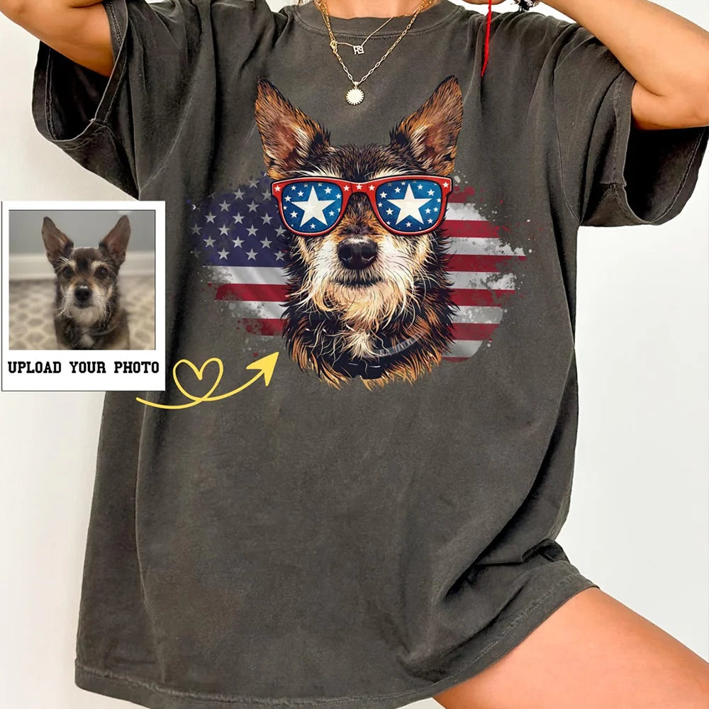 Custom Pet Photo Comfort Colors Patriotic USA Flag Sunglasses T-Shirt