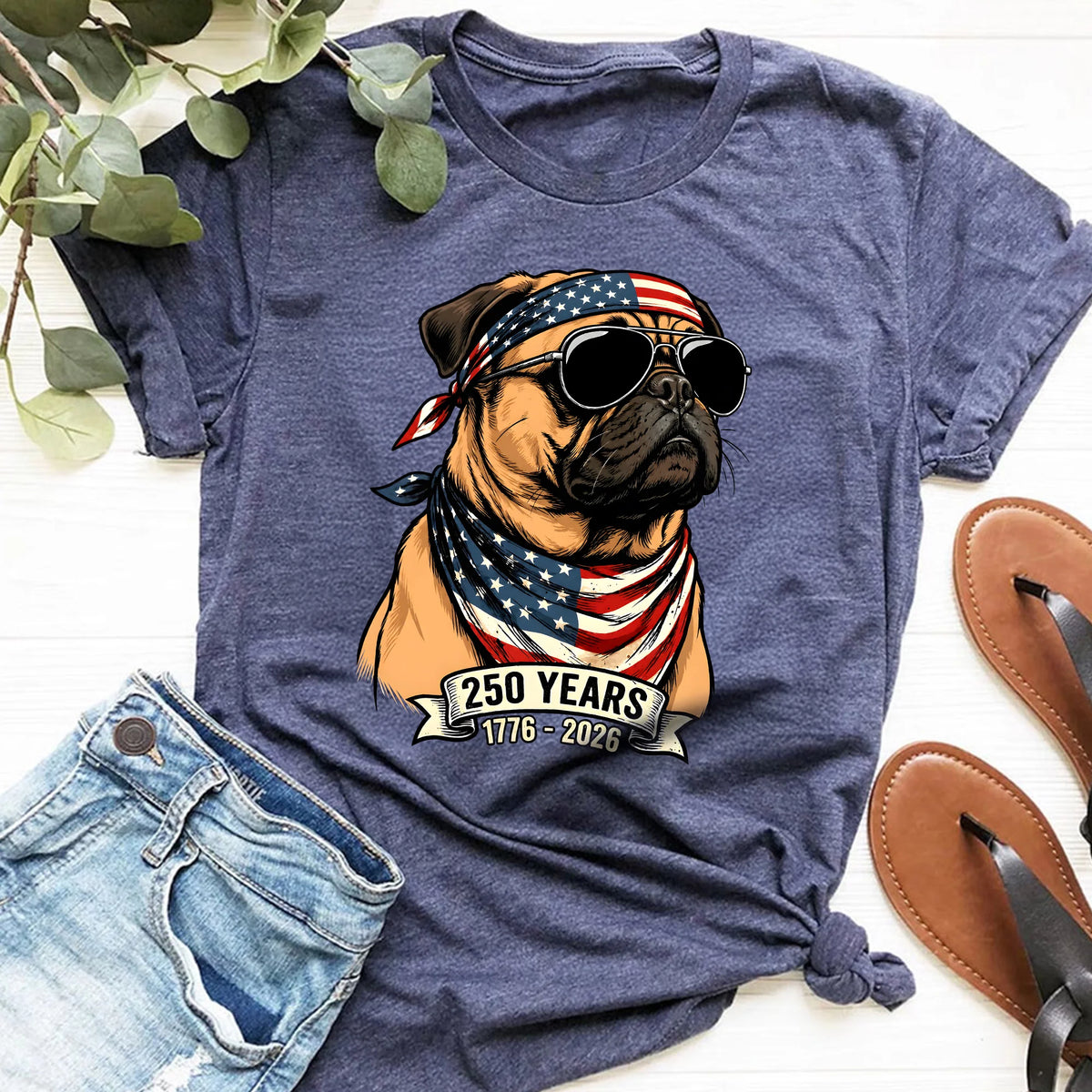 Custom Patriotic Dog American Flag Bandana 250th Anniversary Unisex T-Shirt