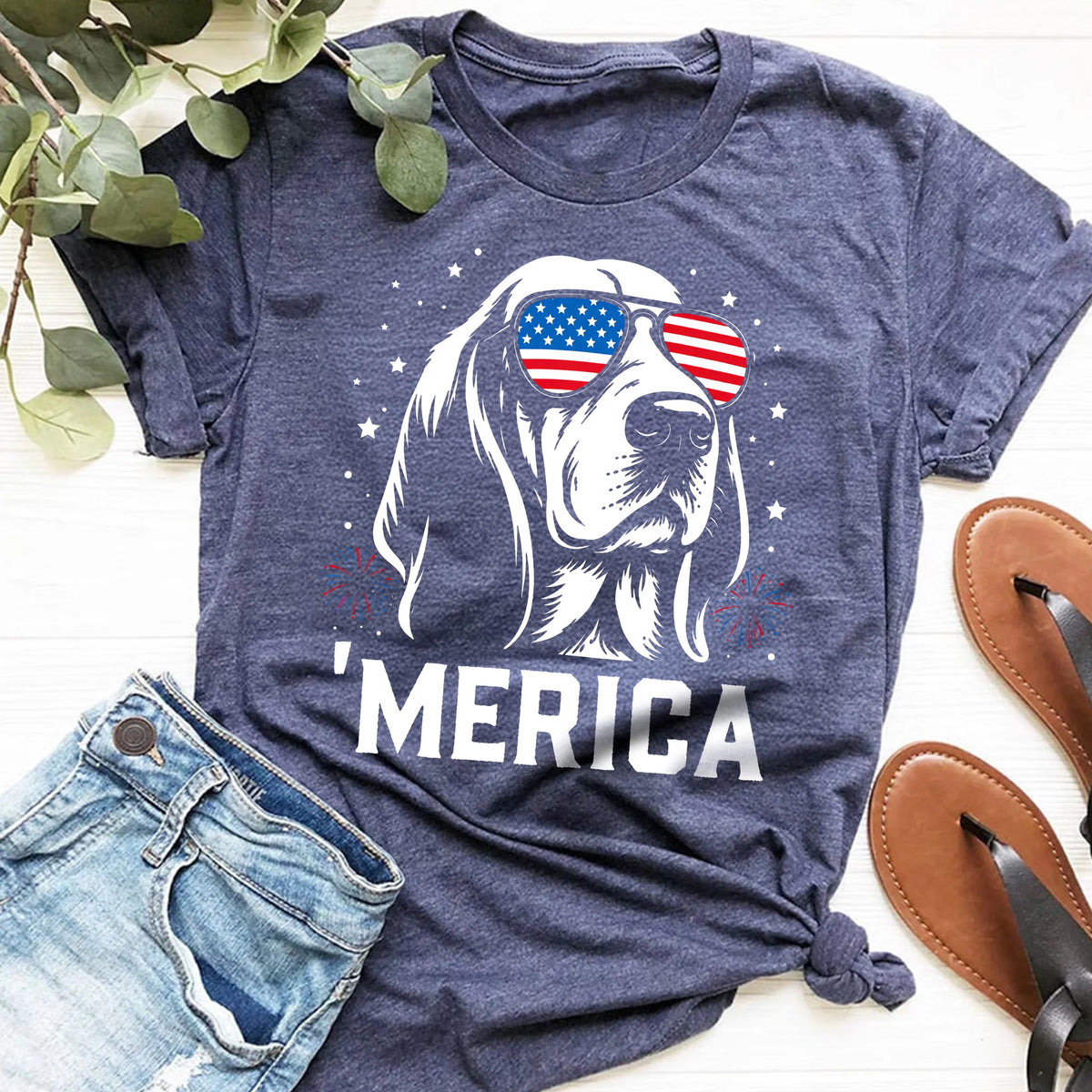Basset Hound Merica Shirt, Patriotic USA 4th July Dog Tee