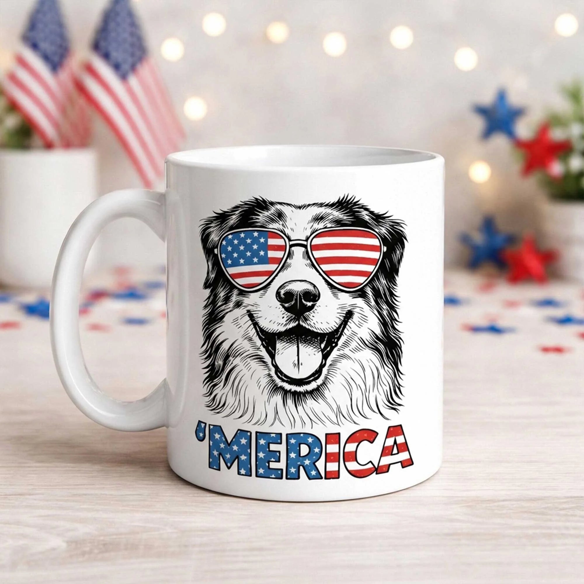 Australian Shepherd Merica Mug Patriotic Dog Coffee Cup Aussie Gift
