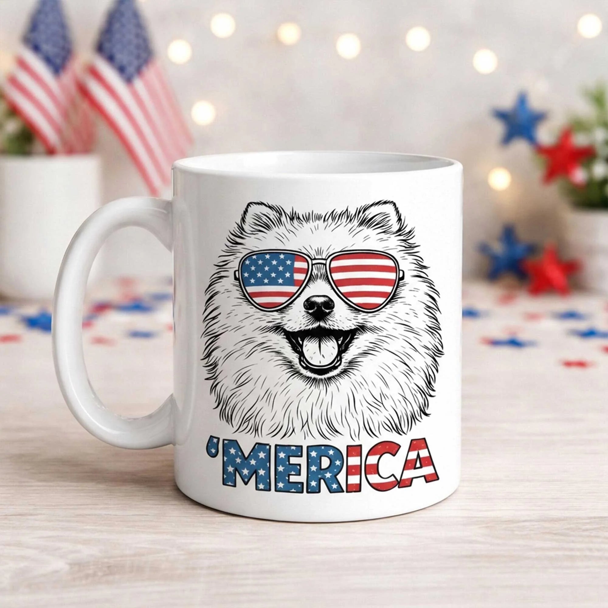 Pomeranian Merica Mug Ceramic Coffee Cup Patriotic 4th July Gift