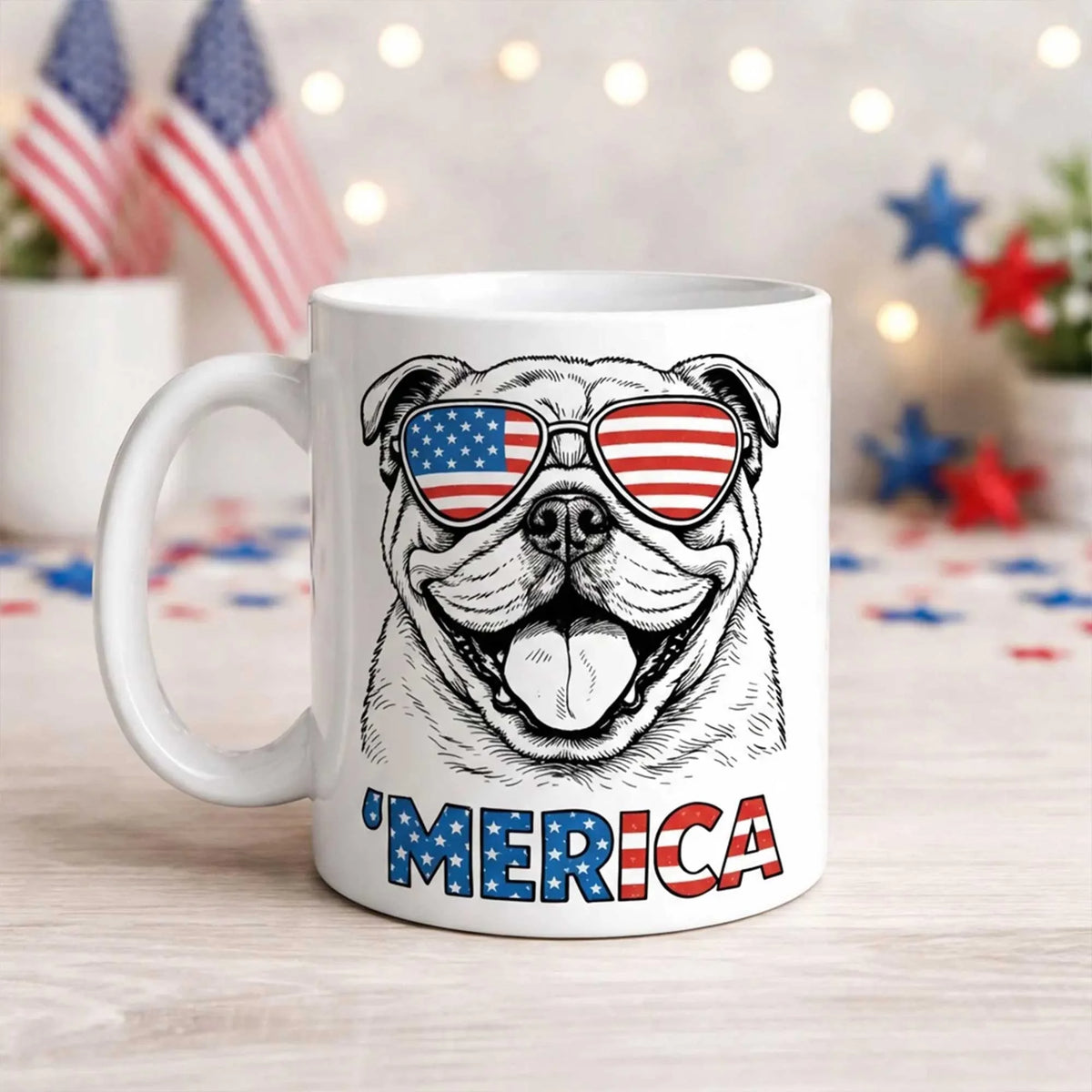 English Bulldog Merica Mug Patriotic Dog Coffee Cup 4th July Gift