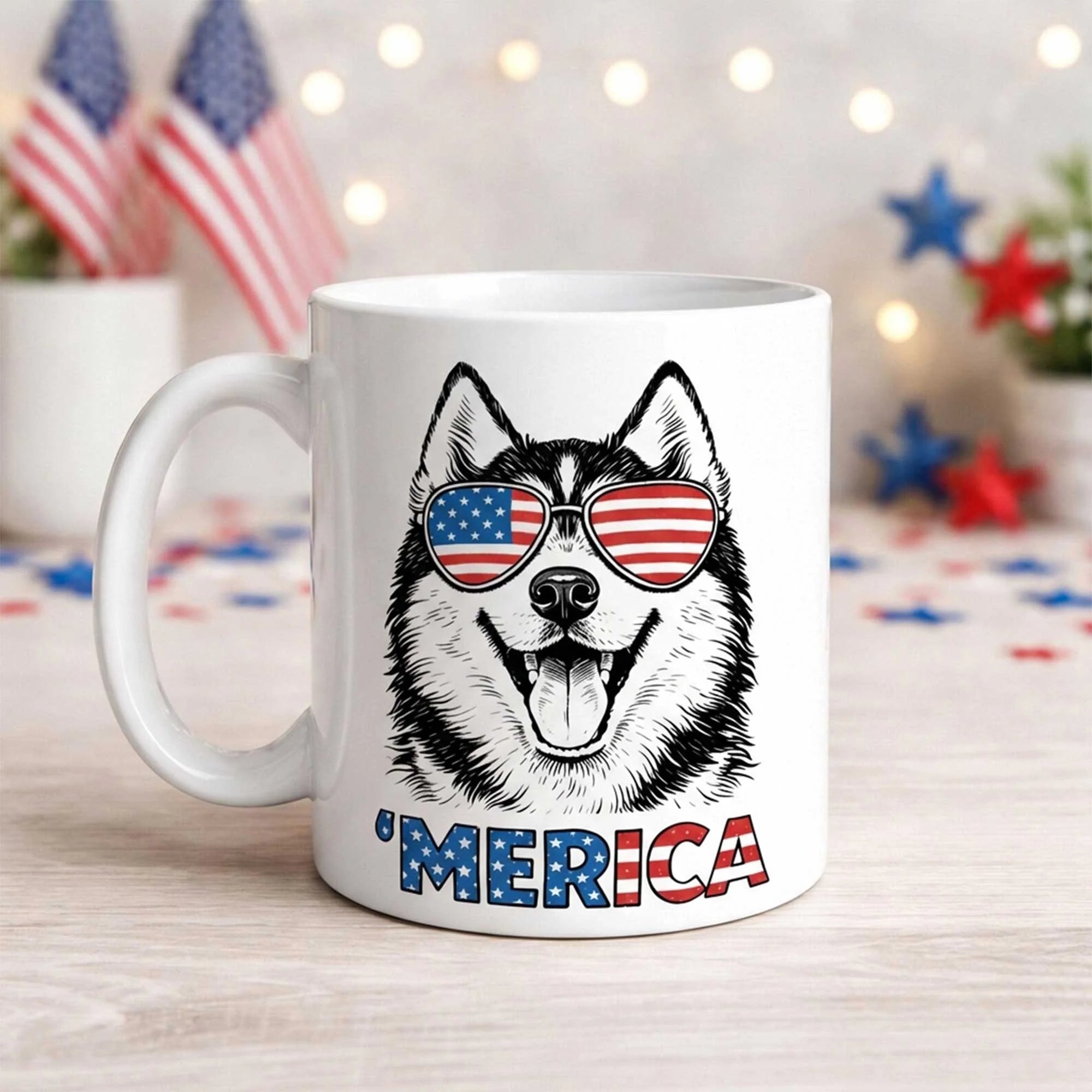 Patriotic Siberian Husky Mug American Flag Dog Coffee Cup Gift
