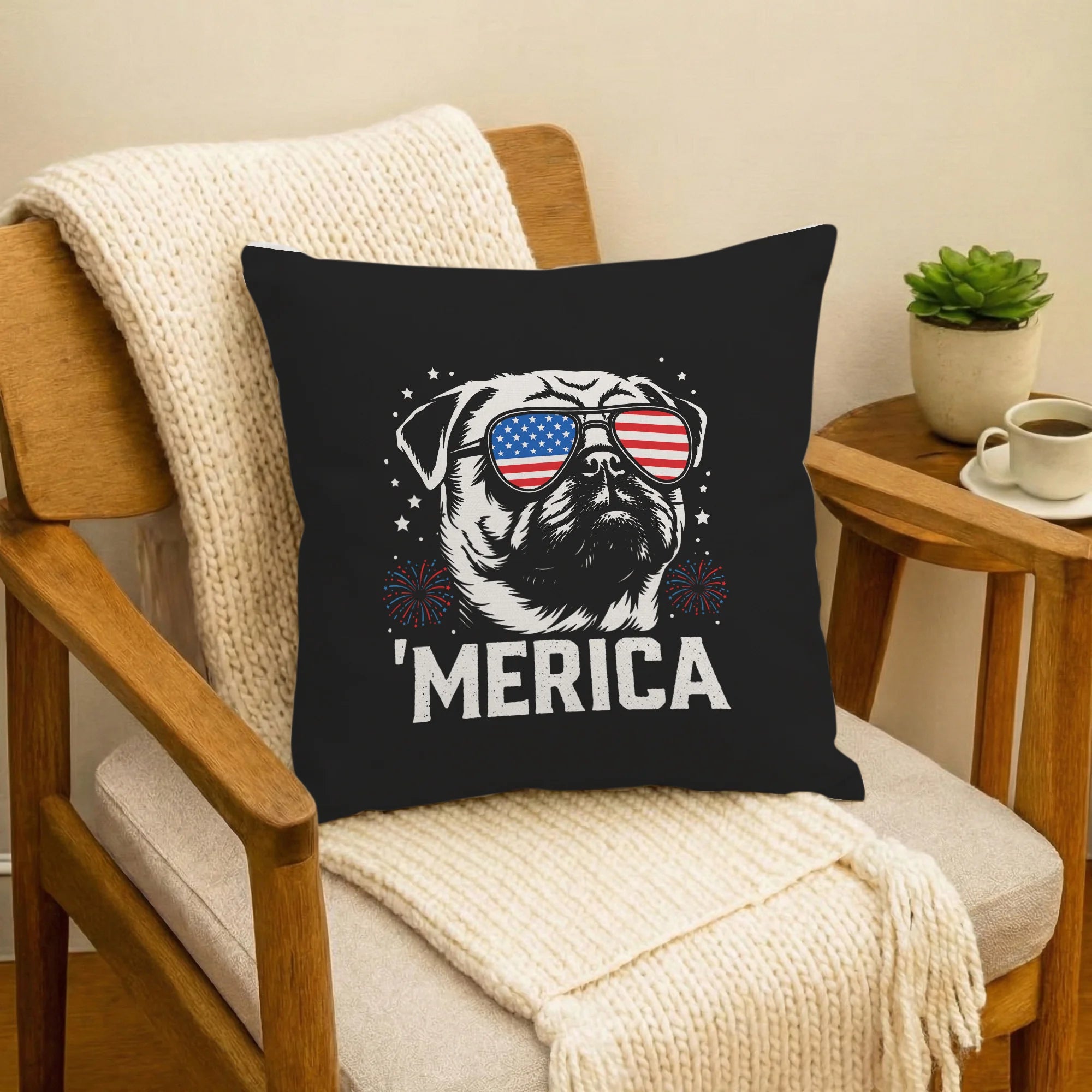 Patriotic Pug Merica Pillow Cover, 4th of July Dog Lover Gift