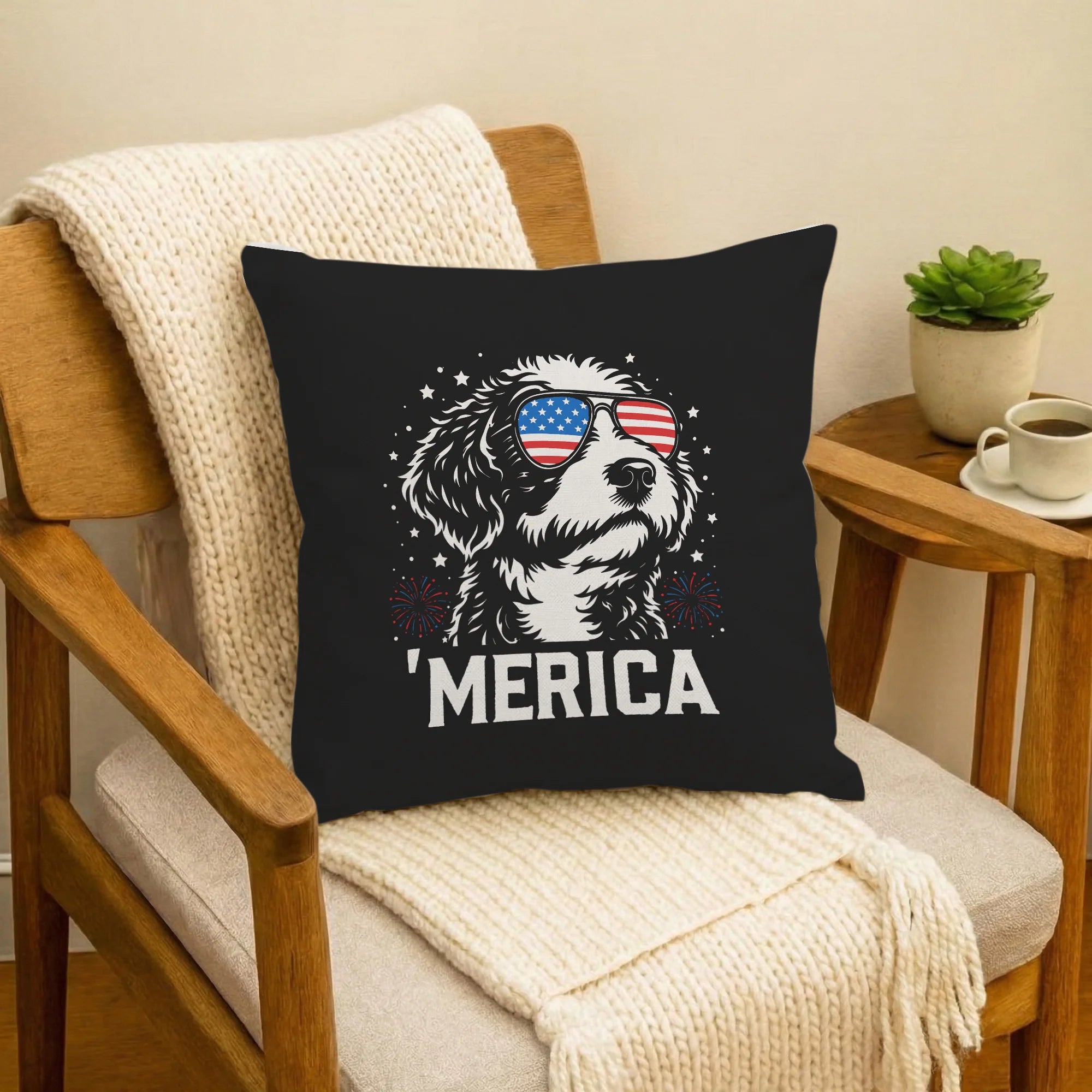 Bernedoodle Merica Pillow Cover, Patriotic American 4th July Dog Gift