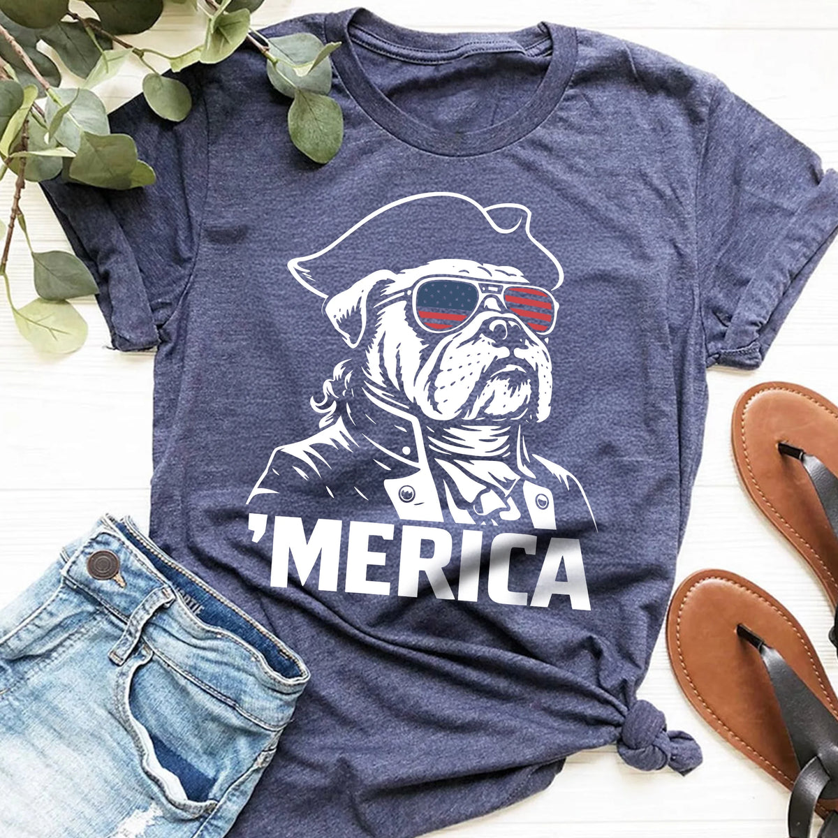 Patriotic Bulldog Merica USA Sunglasses 4th July Dog Lover Shirt