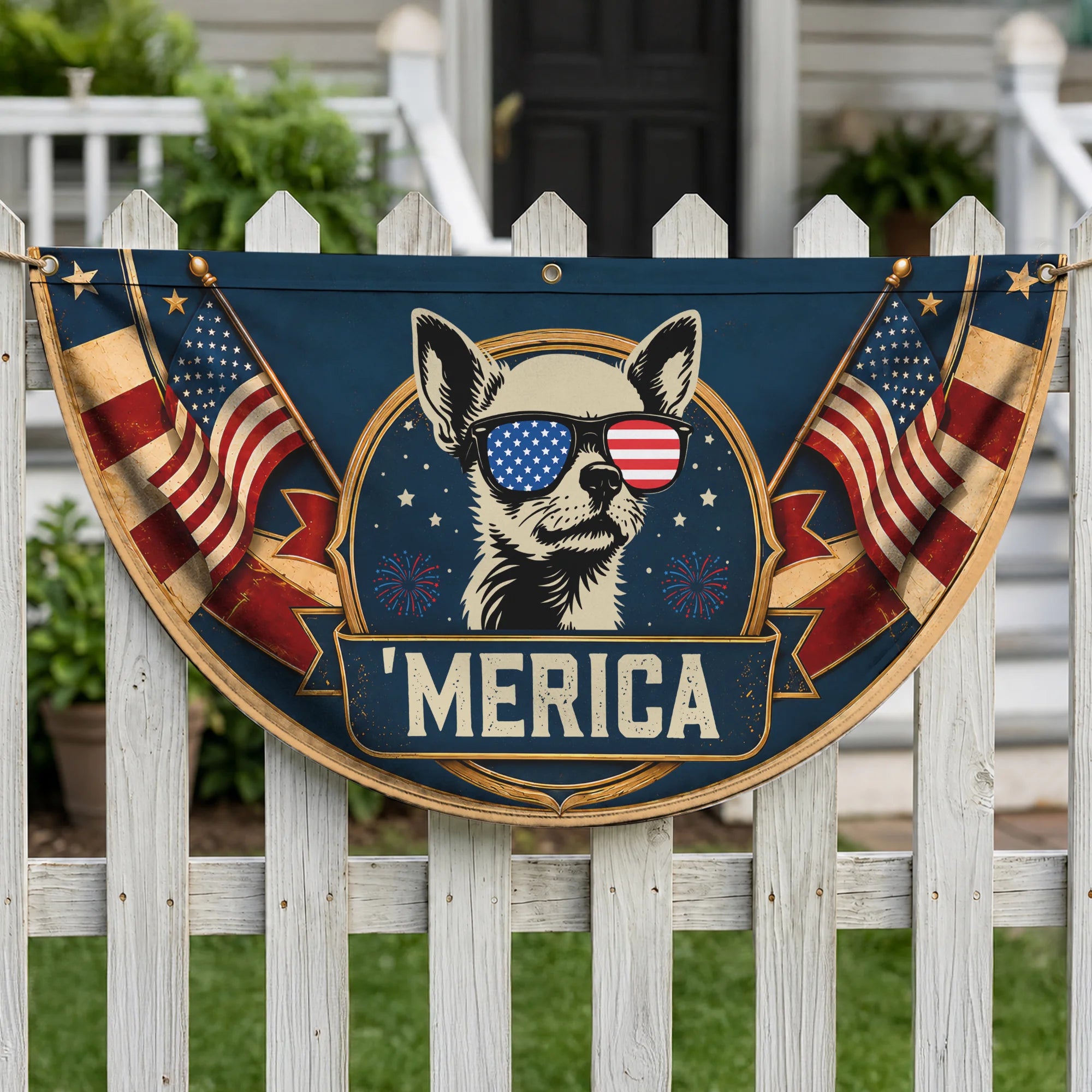 Chihuahua Patriotic Fan Flag USA July 4th Decor