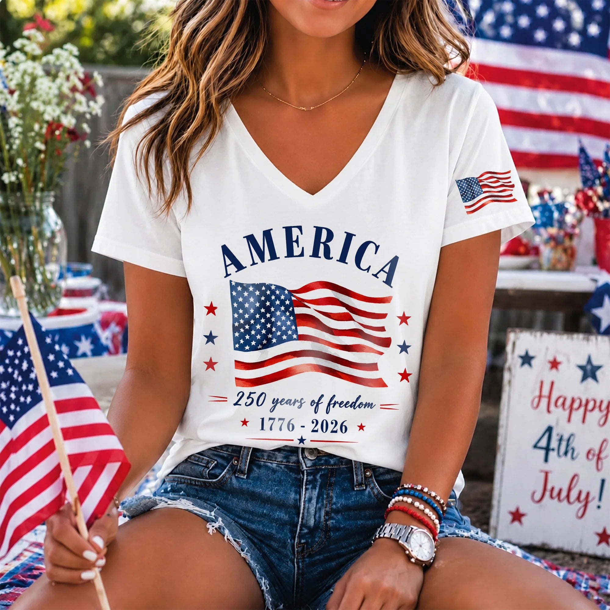 America 1776-2026 Flag Sleeve Vneck Tank Top, 4th July Shirt