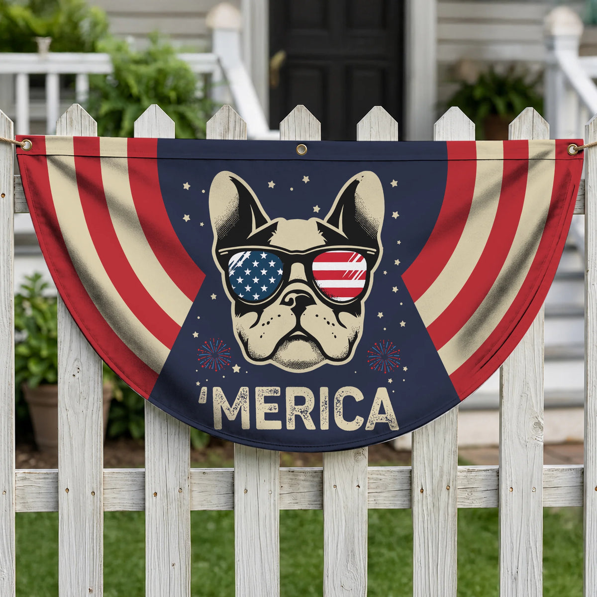 Merica Frenchie Patriotic Fan Flag 4th July USA Dog Decor