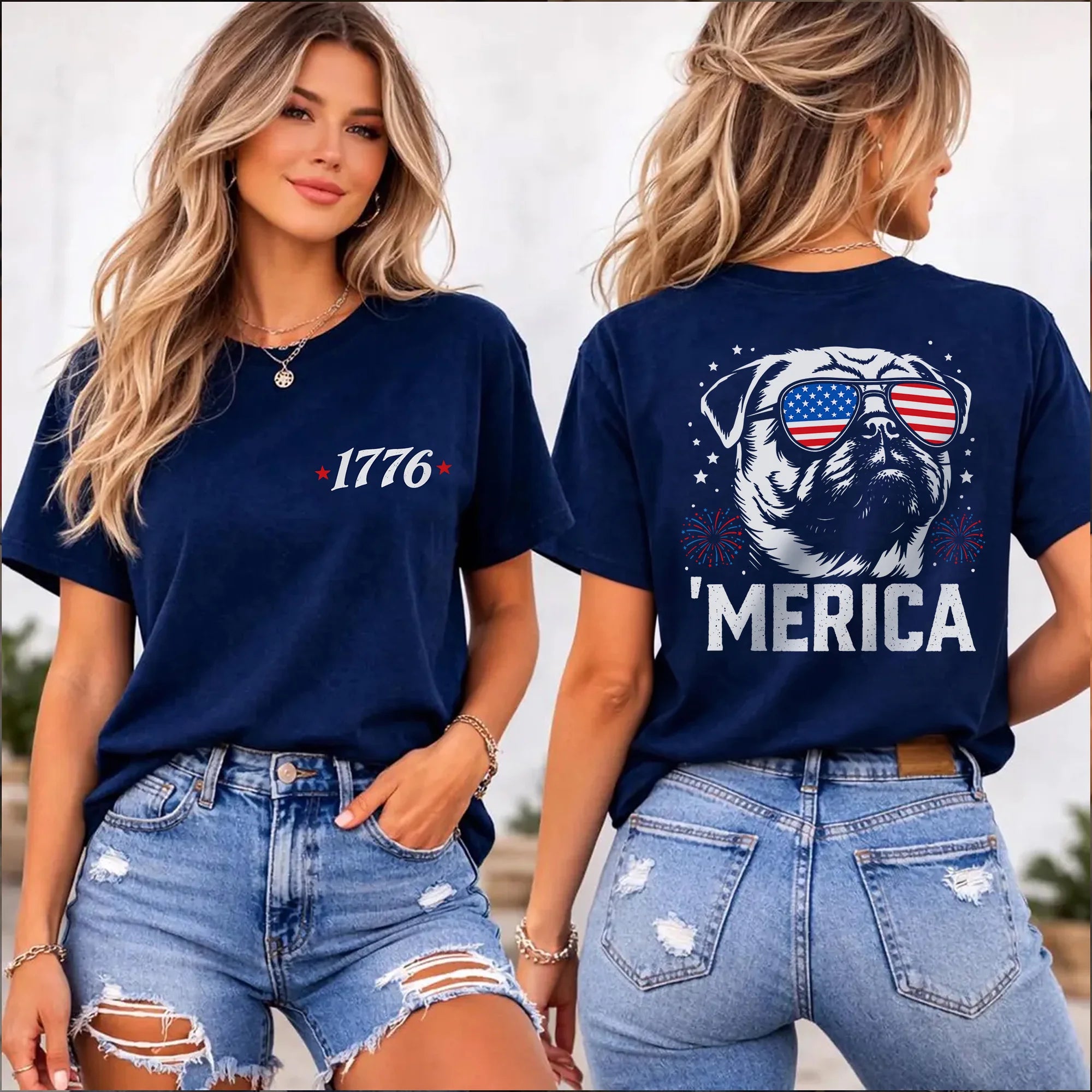 1776 Patriotic Pug Tee, Distressed USA Flag Shirt