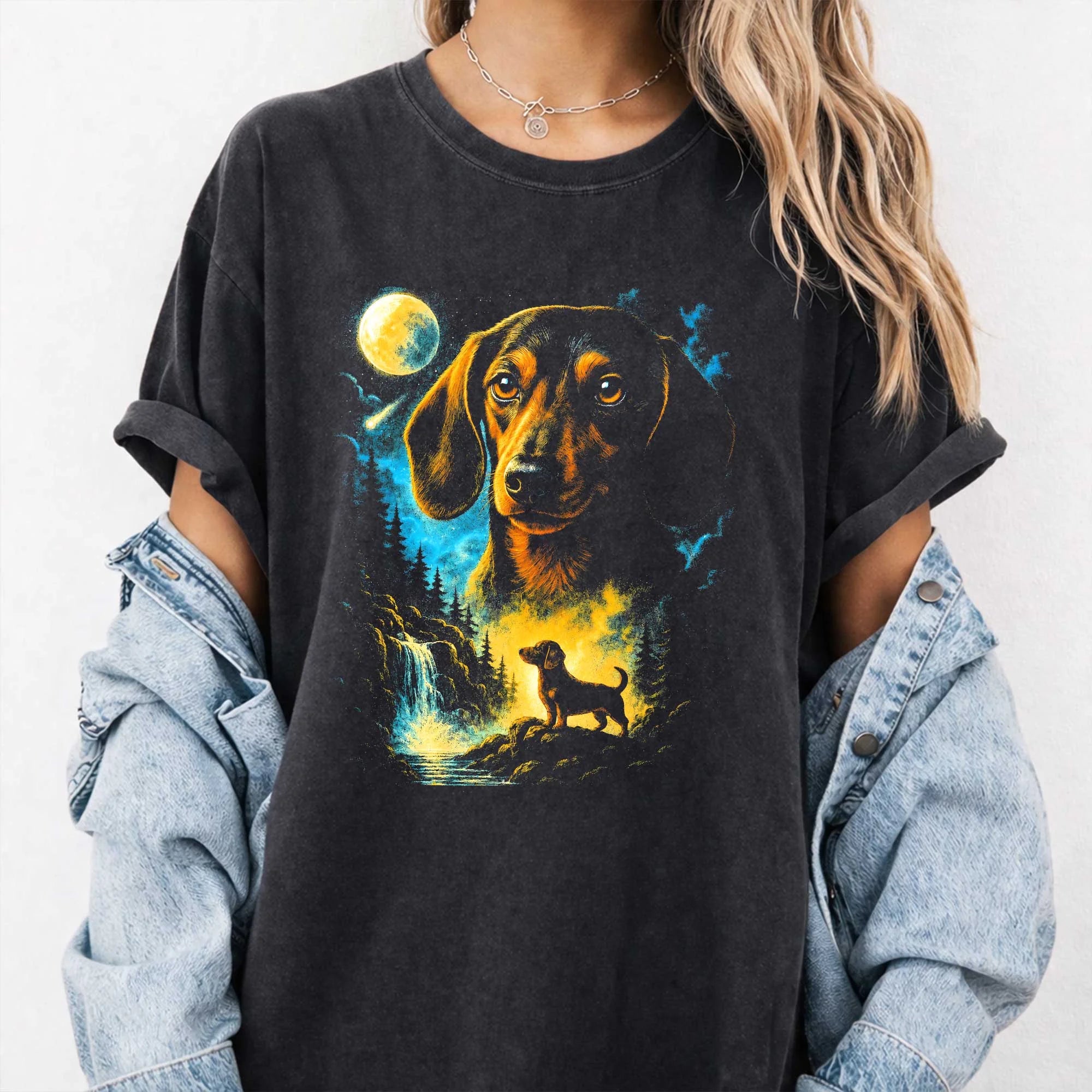 Dachshund Vintage Shirt, Funny Wiener Dog Full Moon Tee Gift