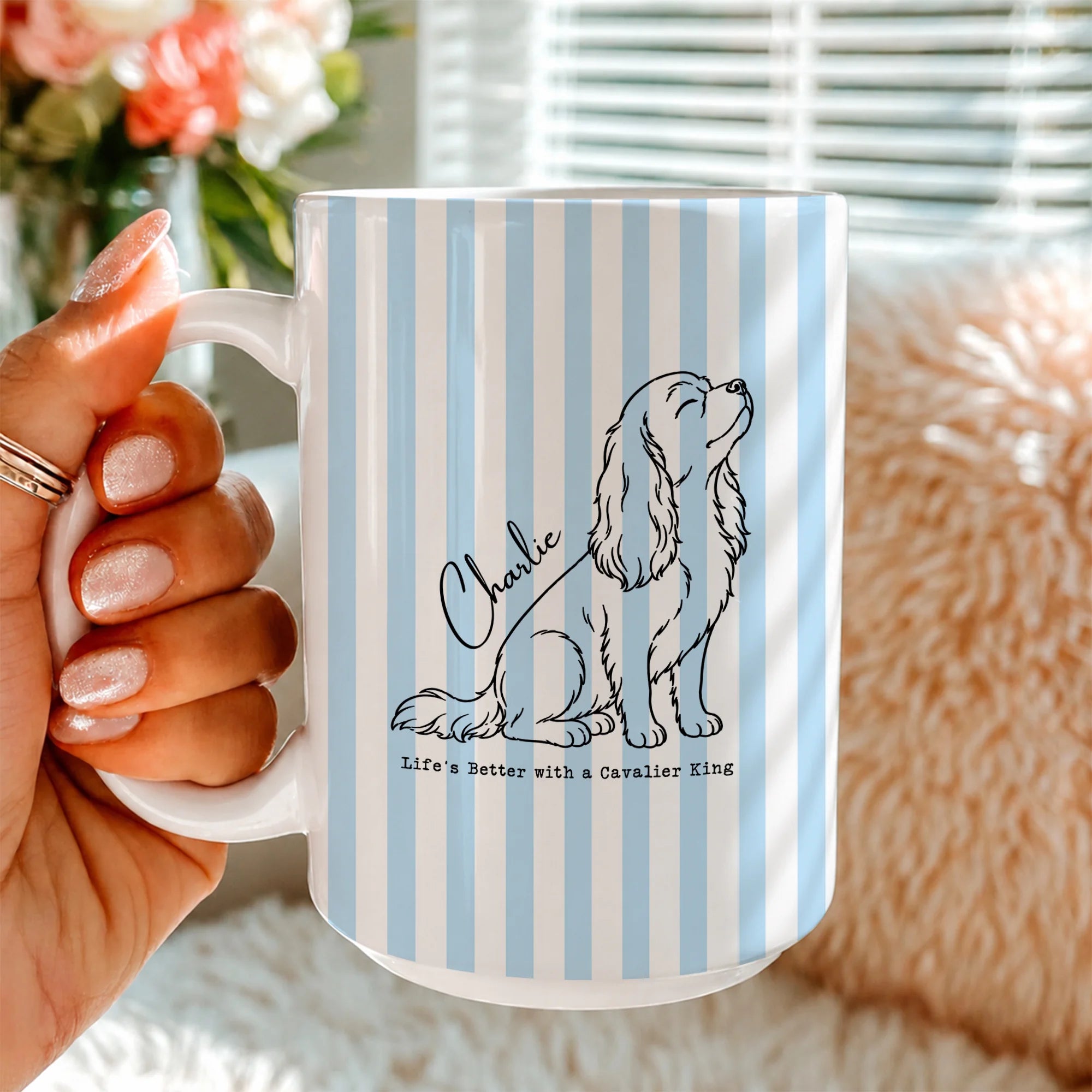 Custom Name Cavalier King Mug with Blue Stripe Background