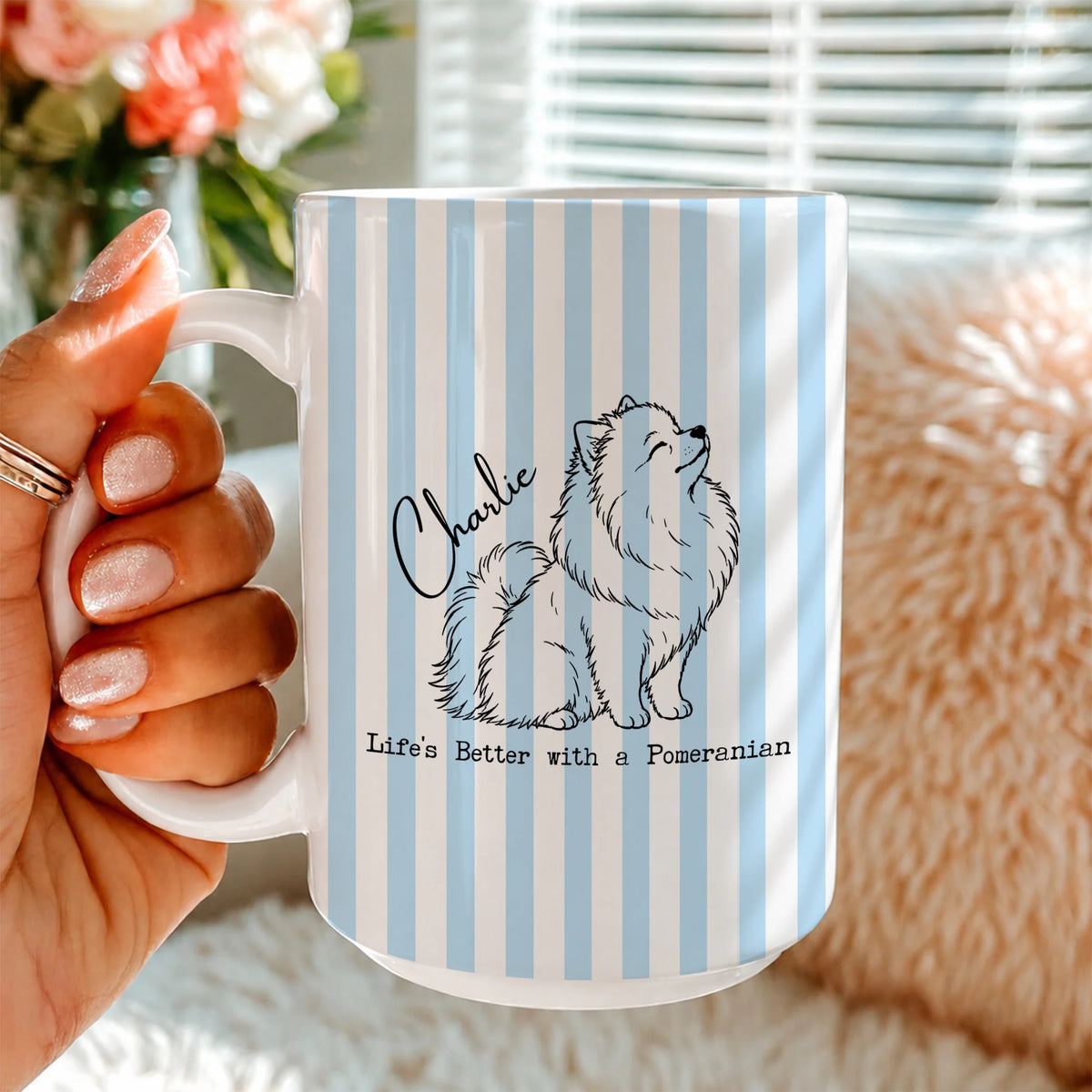 Custom Name Pomeranian Mug Blue Stripe Background Dog Gift